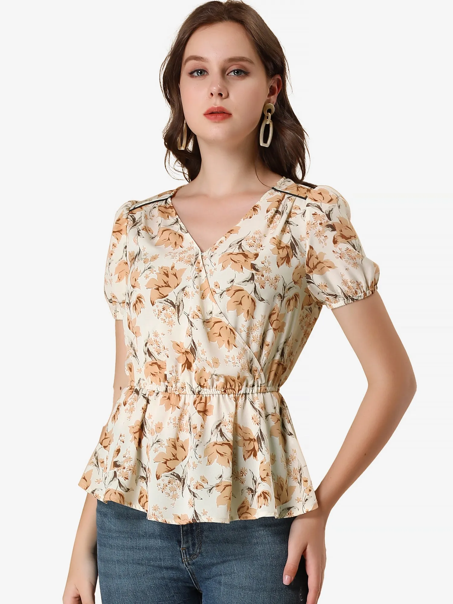 Floral Wrap Cross V Neck Elastic Waist Peplum Blouse Top sold by Allegra K
