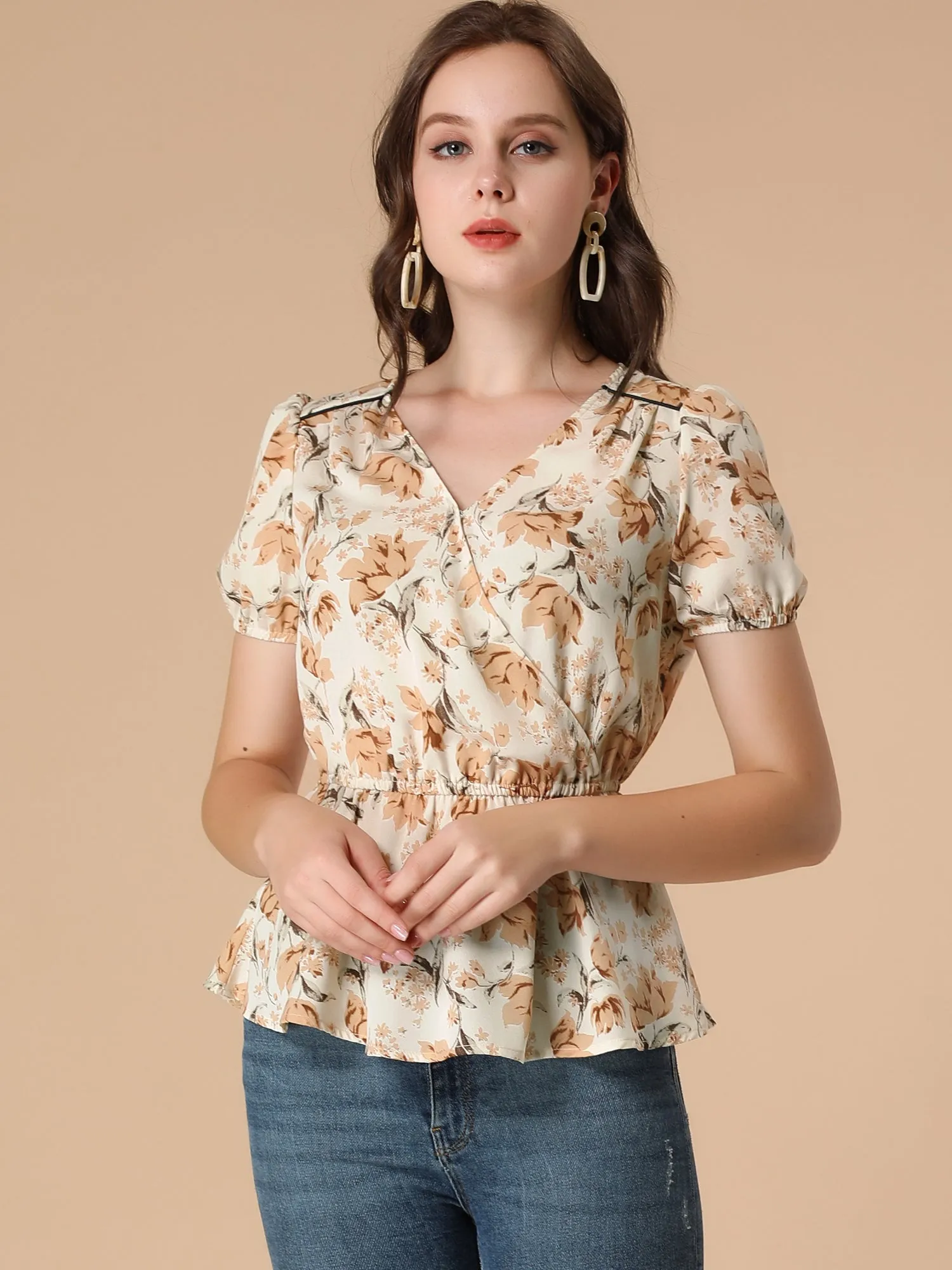Floral Wrap Cross V Neck Elastic Waist Peplum Blouse Top sold by Allegra K product image thumbnail 3