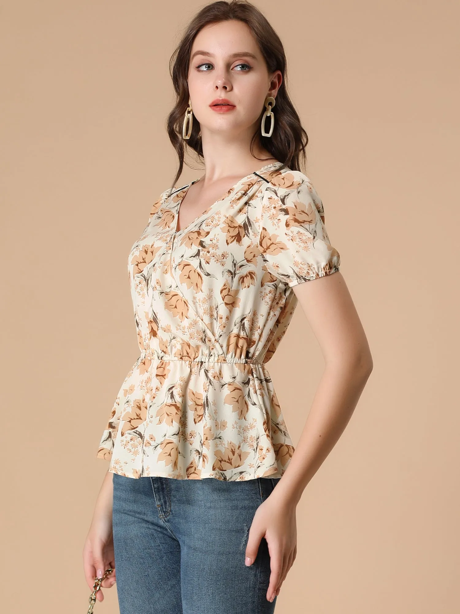 Floral Wrap Cross V Neck Elastic Waist Peplum Blouse Top sold by Allegra K product image thumbnail 2