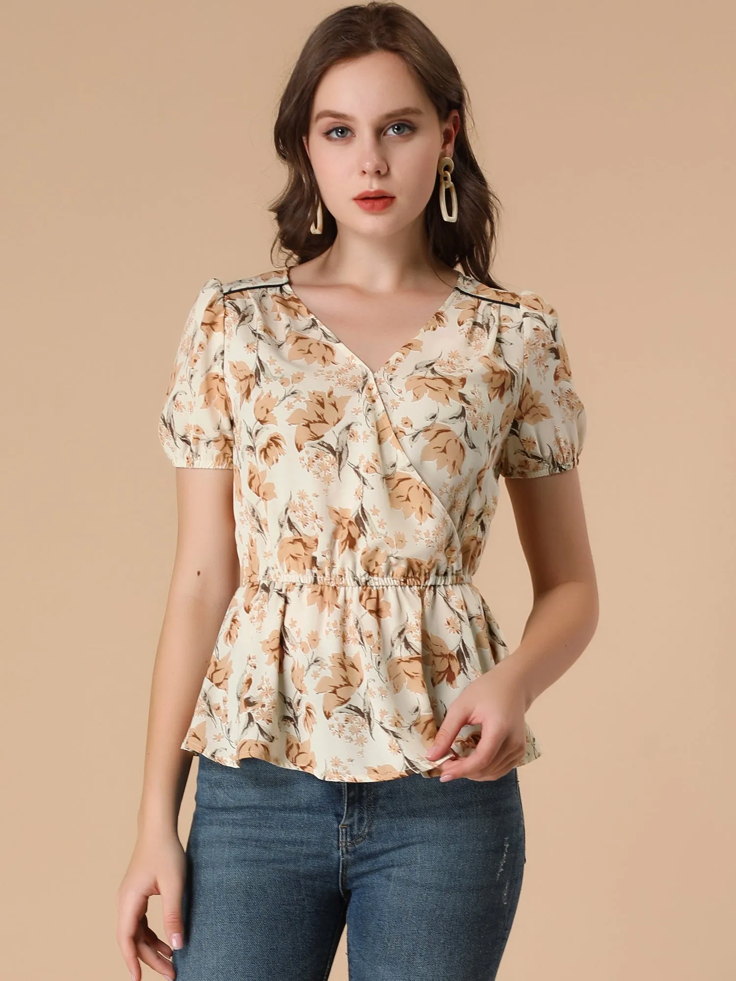 Floral Wrap Cross V Neck Elastic Waist Peplum Blouse Top sold by Allegra K product image thumbnail 4