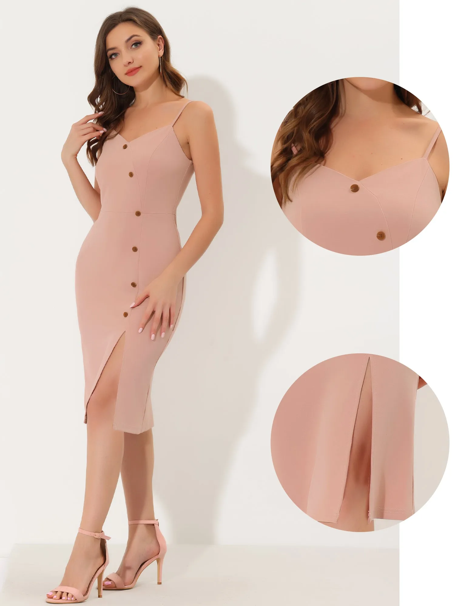 Sleeveless Button Decor Split Spaghetti Strap Dress sold by Allegra K
