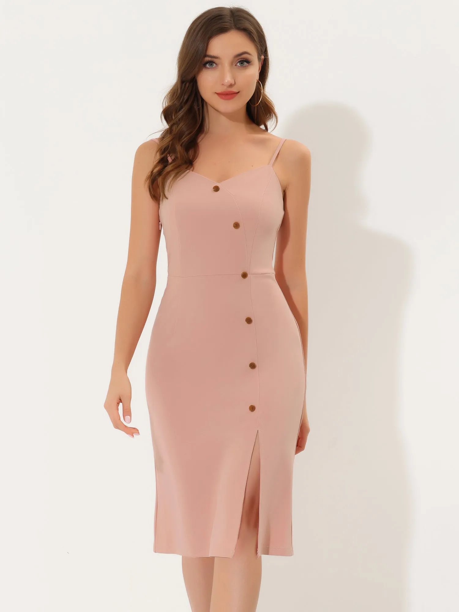 Sleeveless Button Decor Split Spaghetti Strap Dress sold by Allegra K product image thumbnail 4