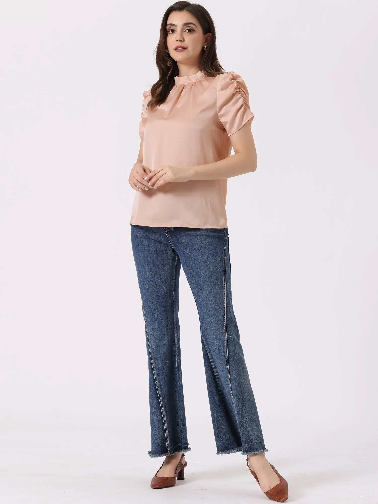 Satin Ruched Short Sleeve Mock Neck Pleated Tie Back Work Blouse sold by Allegra K product image thumbnail 4