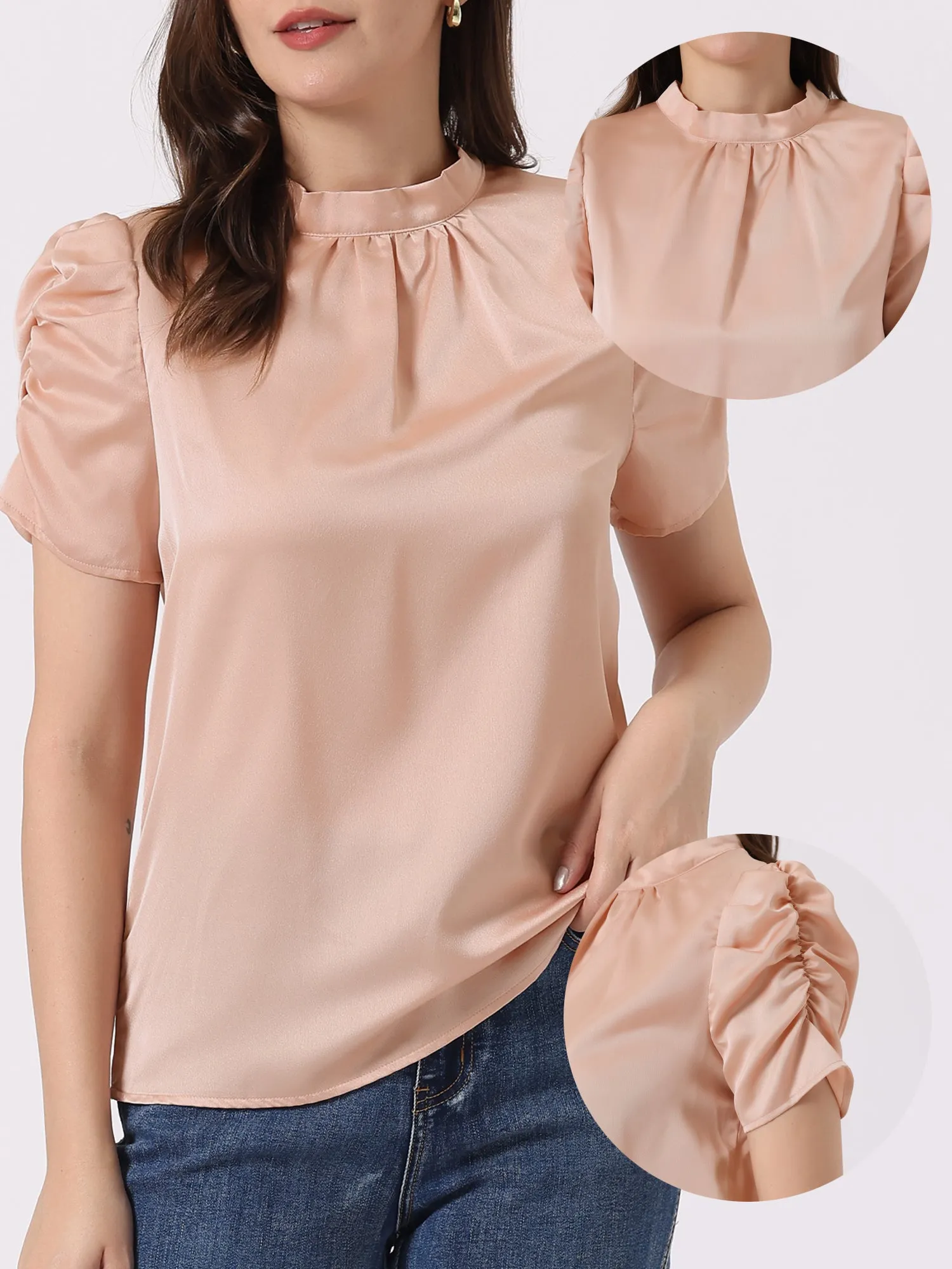 Satin Ruched Short Sleeve Mock Neck Pleated Tie Back Work Blouse sold by Allegra K product image thumbnail 2