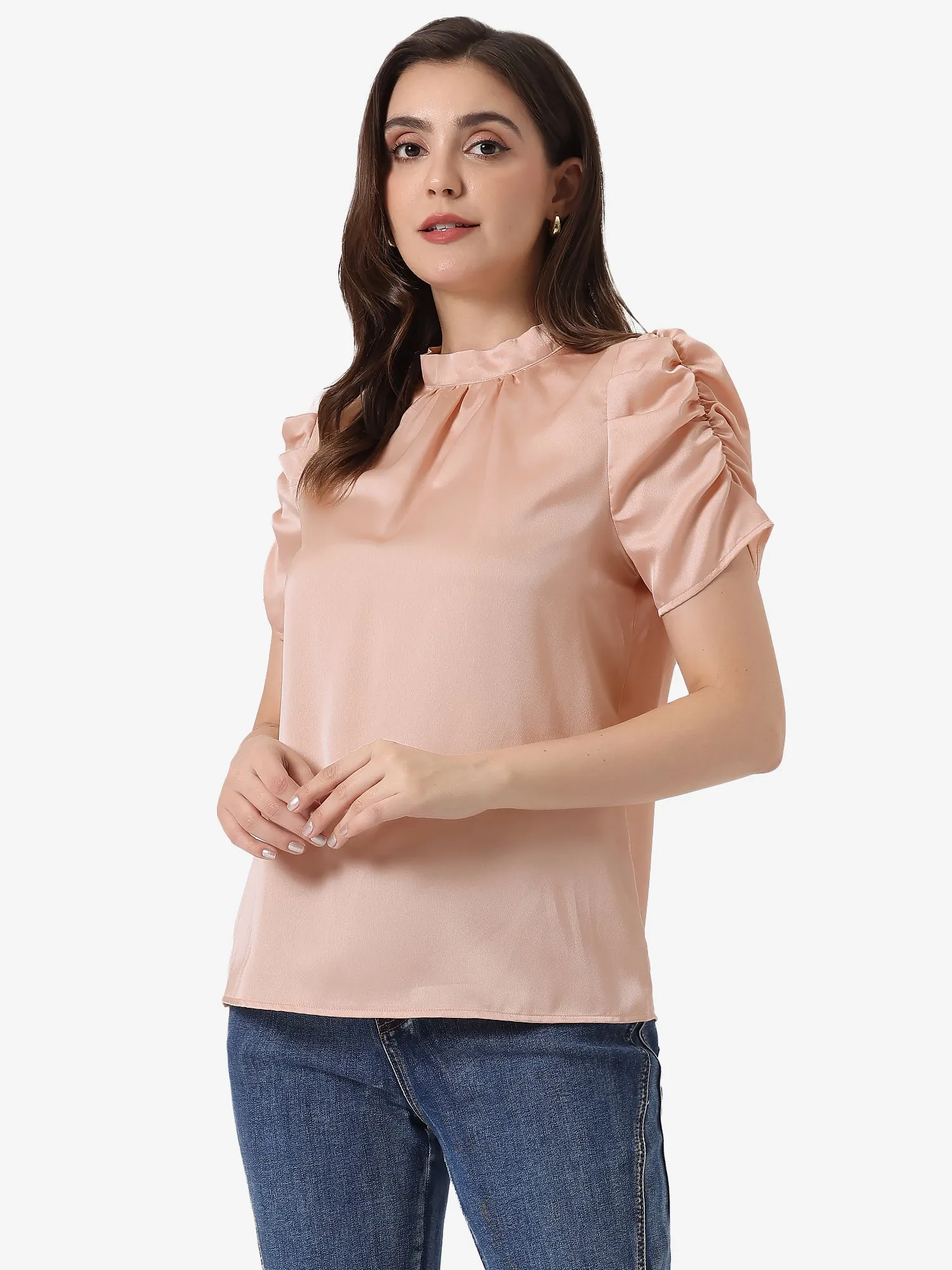 Satin Ruched Short Sleeve Mock Neck Pleated Tie Back Work Blouse sold by Allegra K