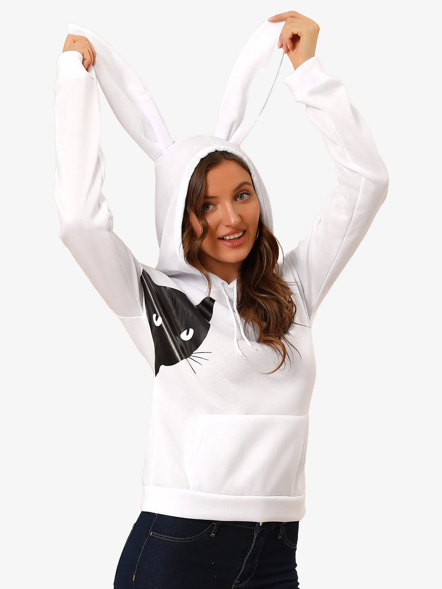 Hoodie Rabbit Ear Cat Print Halloween Cosplay Sweatshirt Tops Blouse sold by Allegra K
