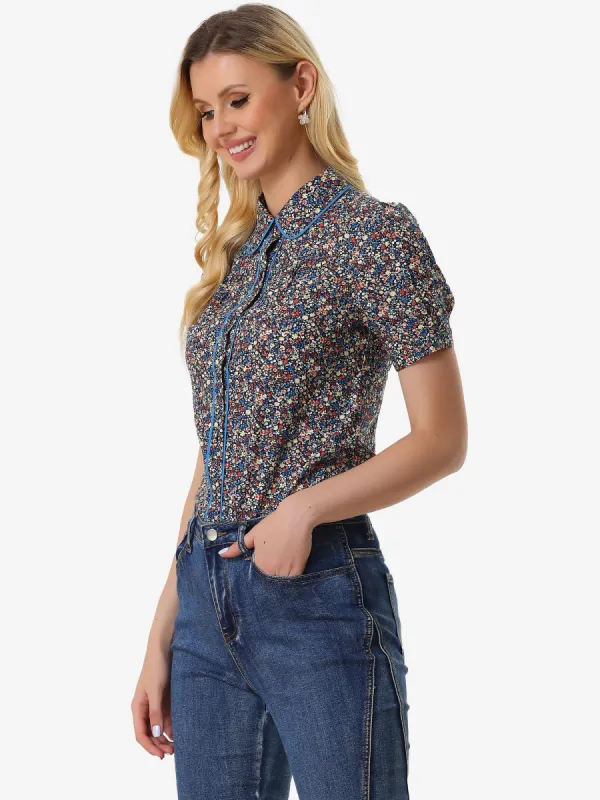 Peter Pan Collar Contrast Trim Puff Sleeve Peasant Floral Blouse sold by Allegra K