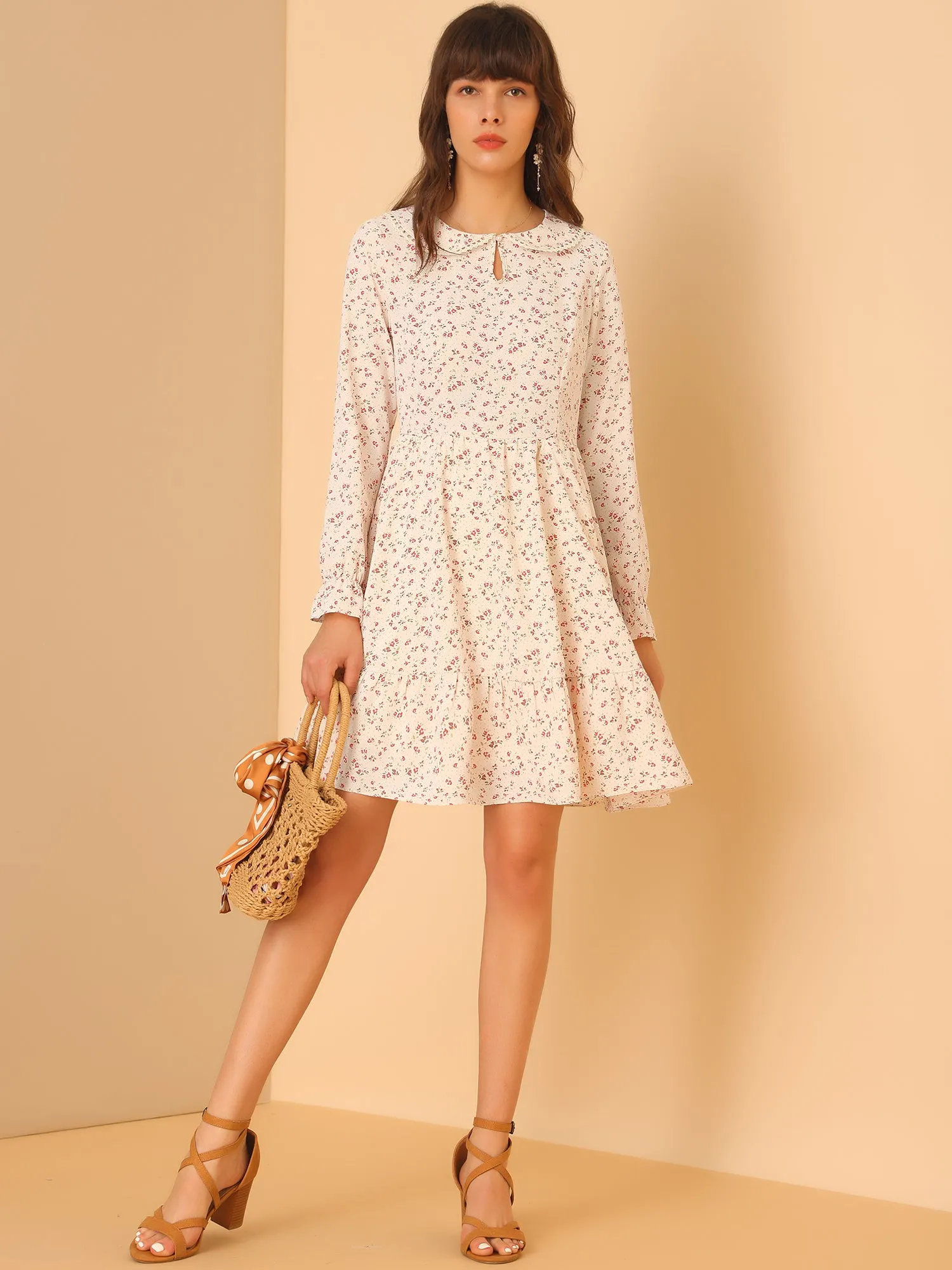 Floral Peter Pan Collar Keyhole Long Sleeve Ruffle Chiffon Dress sold by Allegra K product image thumbnail 3