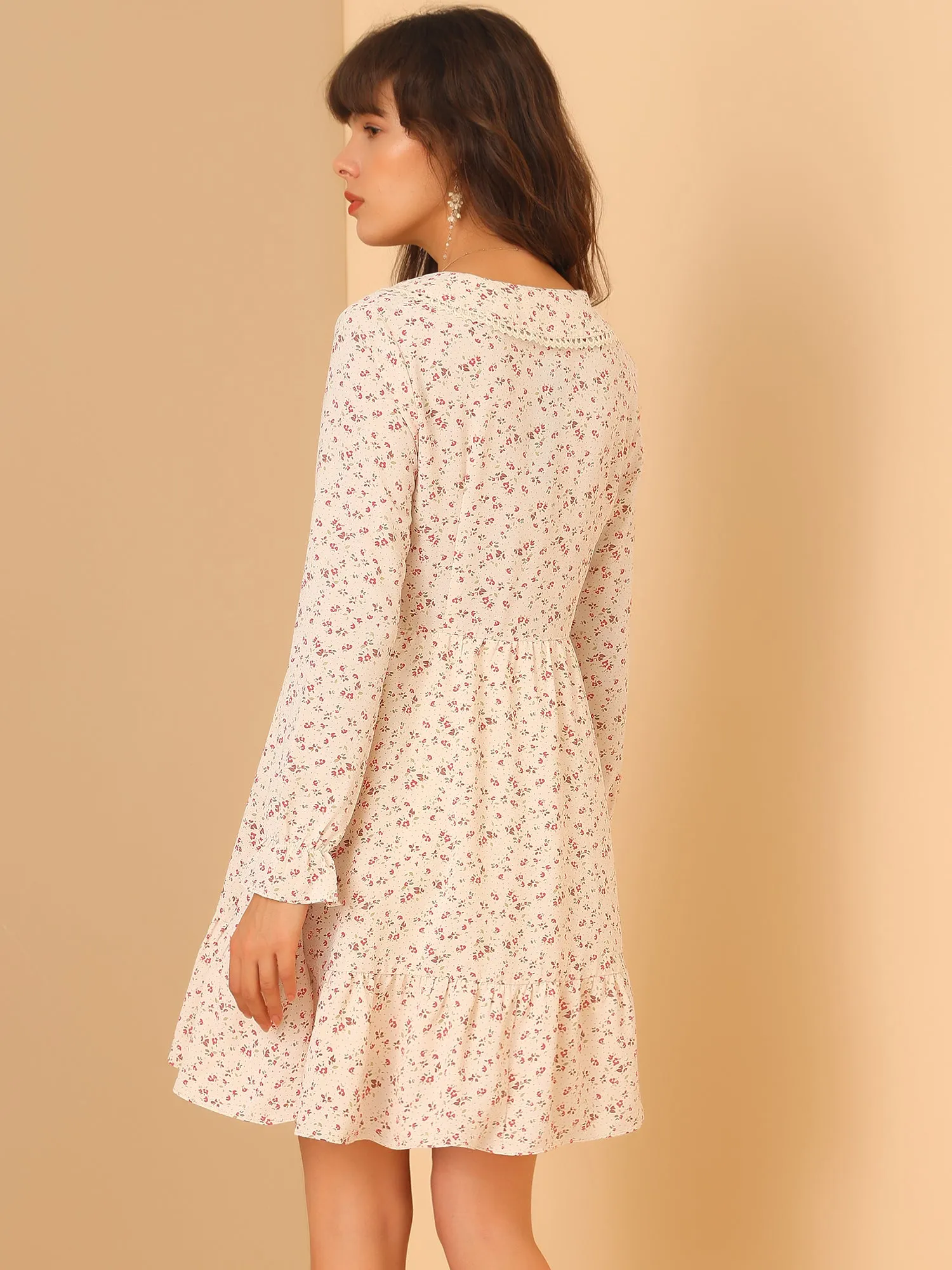 Floral Peter Pan Collar Keyhole Long Sleeve Ruffle Chiffon Dress sold by Allegra K product image thumbnail 4
