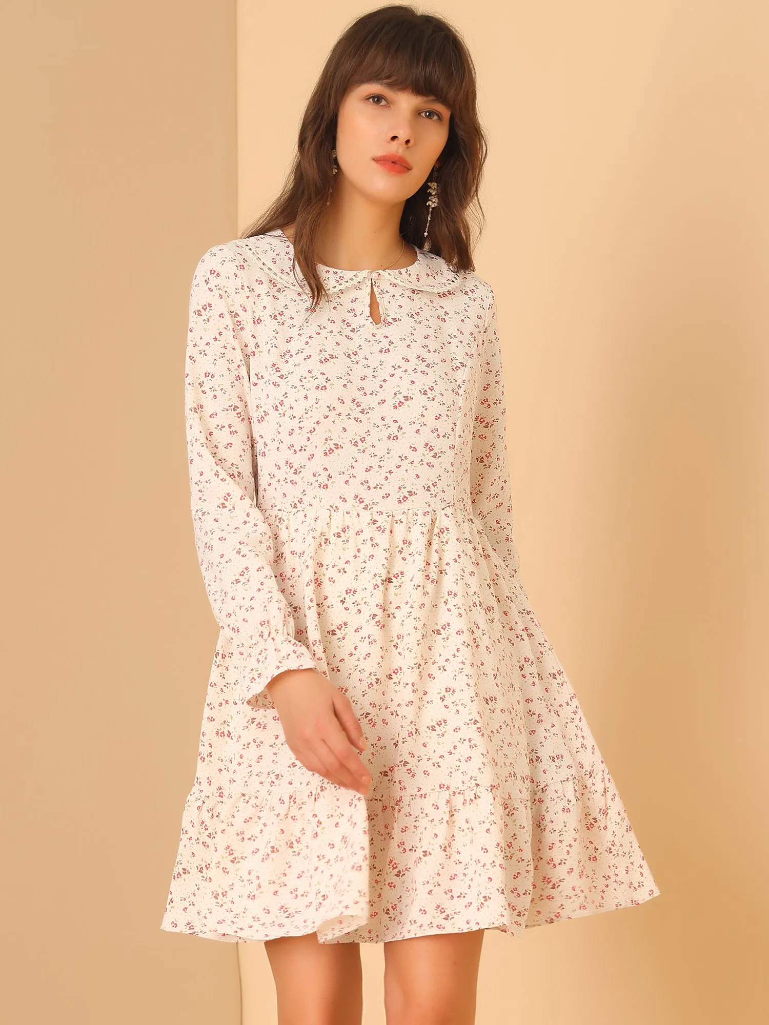 Floral Peter Pan Collar Keyhole Long Sleeve Ruffle Chiffon Dress sold by Allegra K product image thumbnail 2