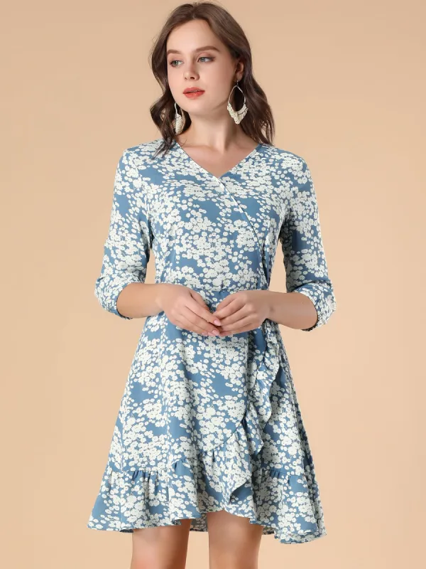 3/4 Sleeves V Neck Ruffle Hem Floral Print Short Dress sold by Allegra K