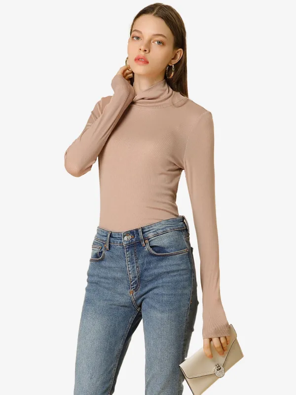 Turtleneck Solid Knitted Long Sleeve High Neck Ribbed Knit Top sold by Allegra K