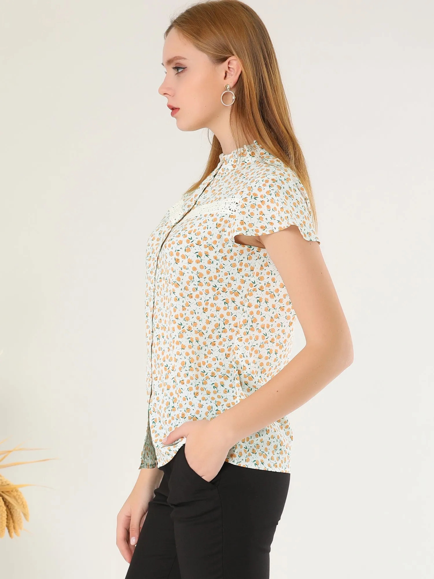 Floral Ruffled Neck Cap Sleeve Summer Button Down Shirt Blouse sold by Allegra K product image thumbnail 3