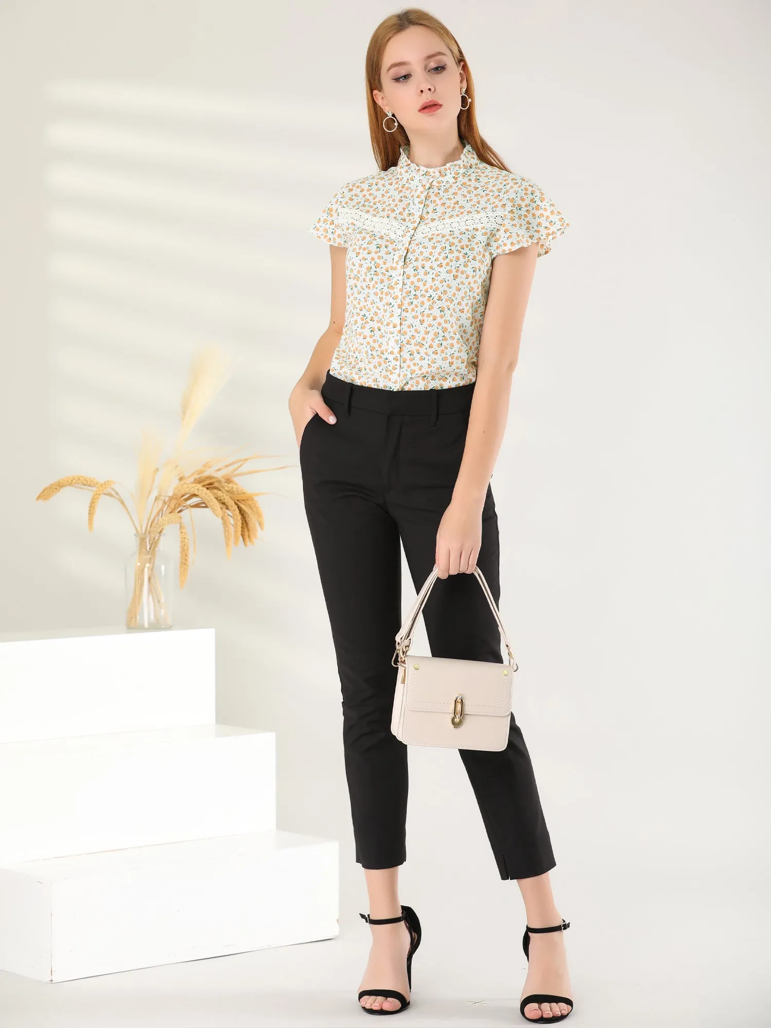 Floral Ruffled Neck Cap Sleeve Summer Button Down Shirt Blouse sold by Allegra K product image thumbnail 2