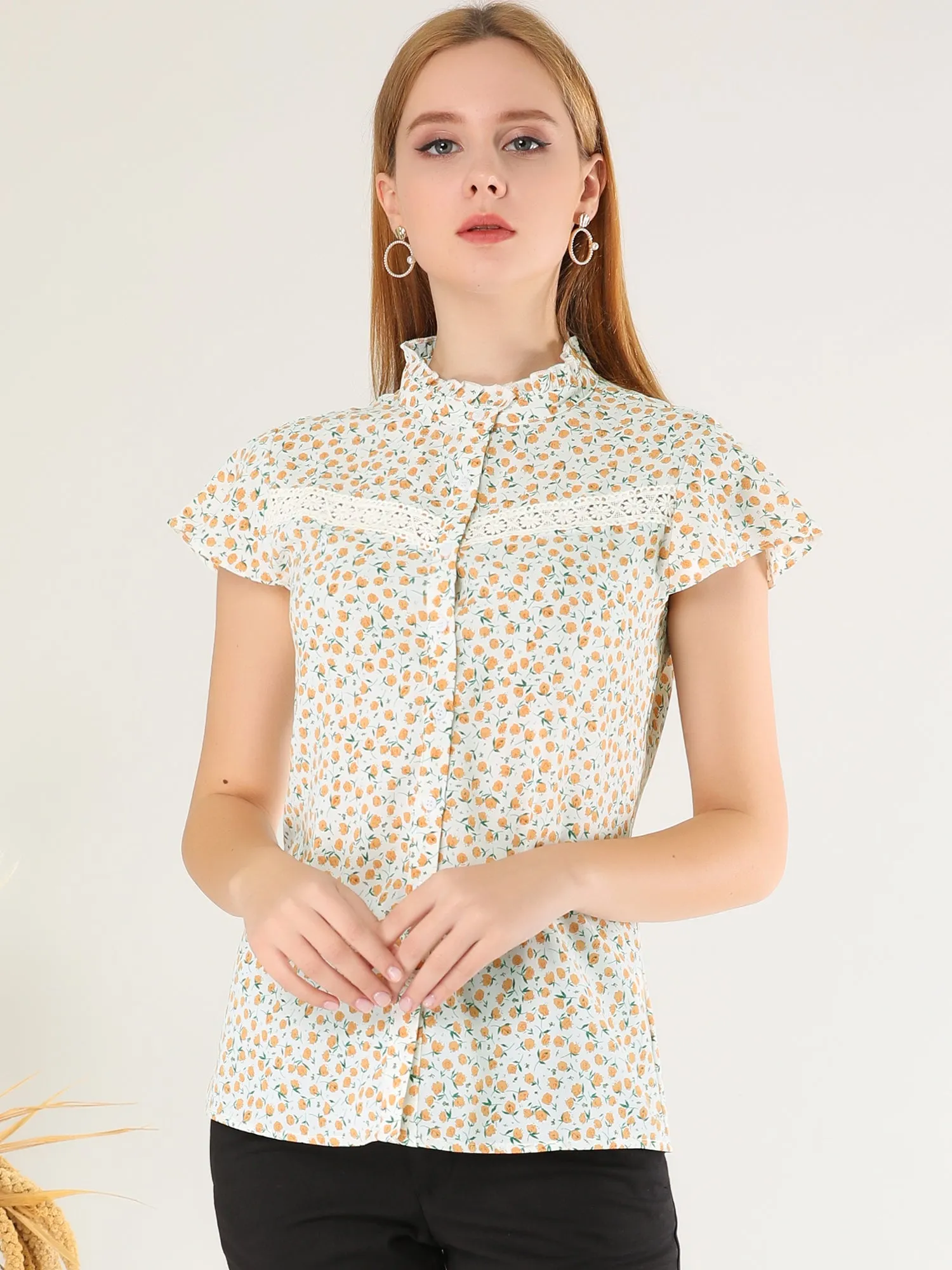 Floral Ruffled Neck Cap Sleeve Summer Button Down Shirt Blouse sold by Allegra K