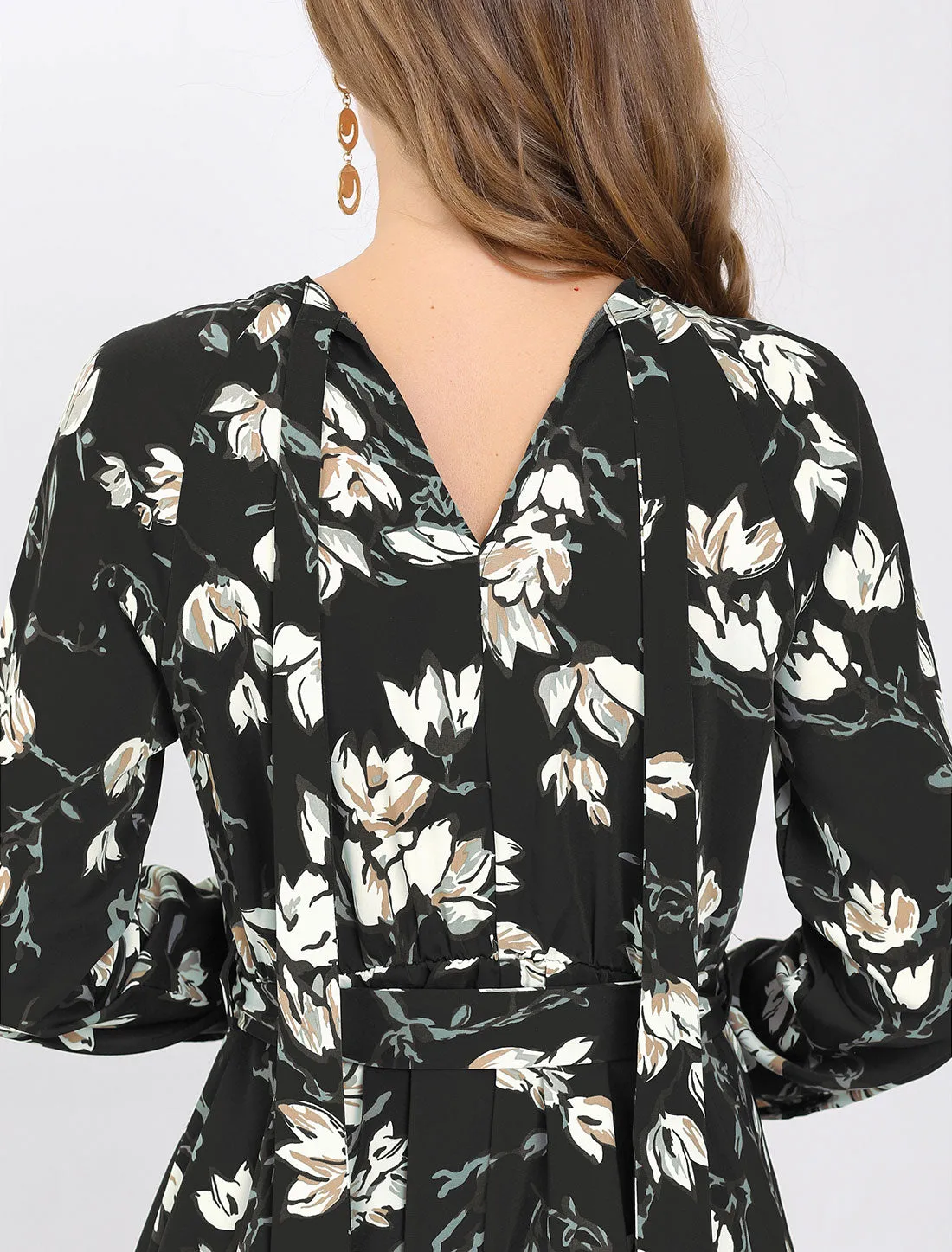 Floral Keyhole Chiffon Long Sleeve Belted Spring A-Line Mini Dress sold by Allegra K product image thumbnail 3