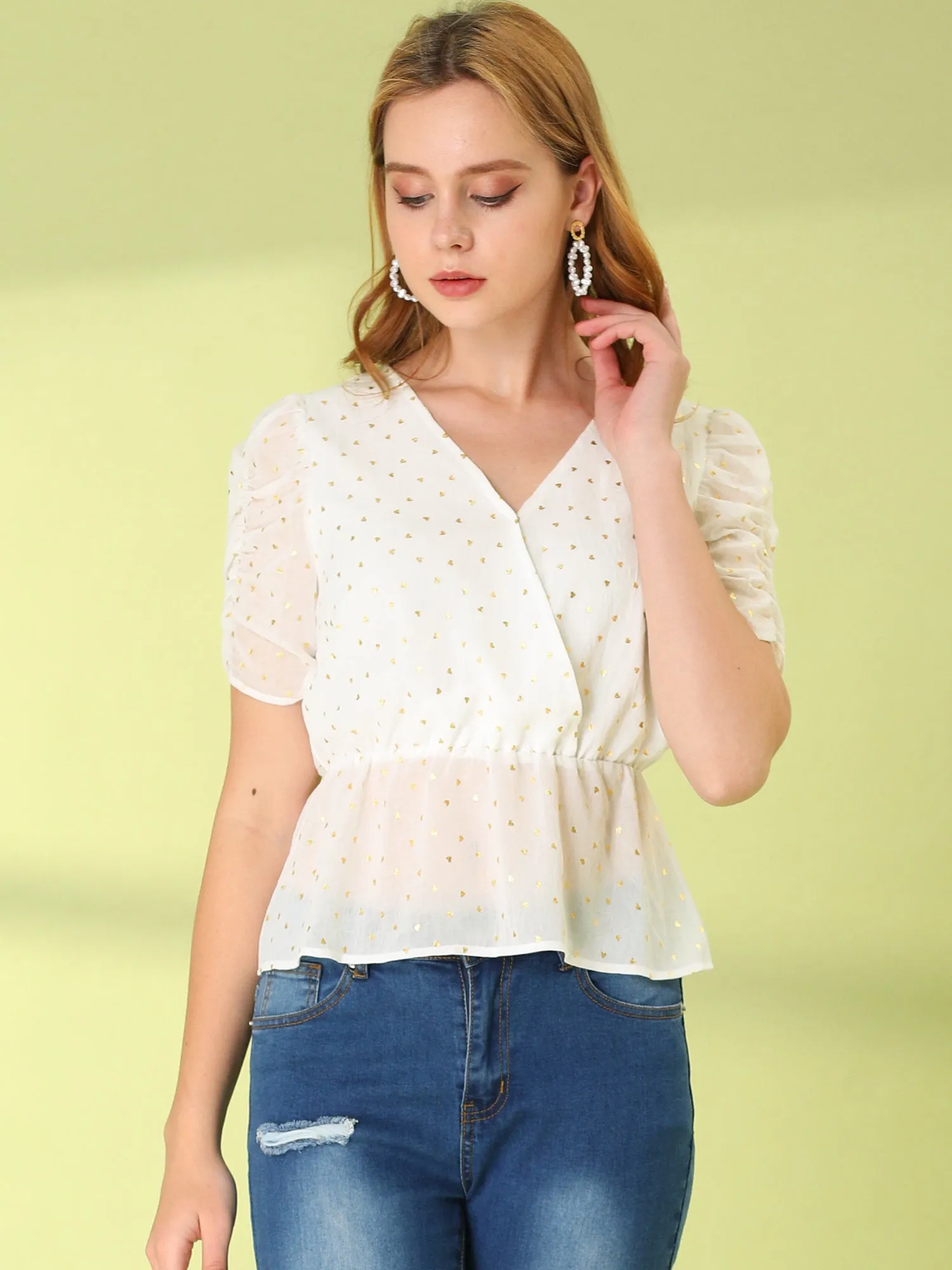 Metallic Heart Ruched Puff Sleeve Wrap Chiffon Peplum Blouse Top sold by Allegra K product image thumbnail 2