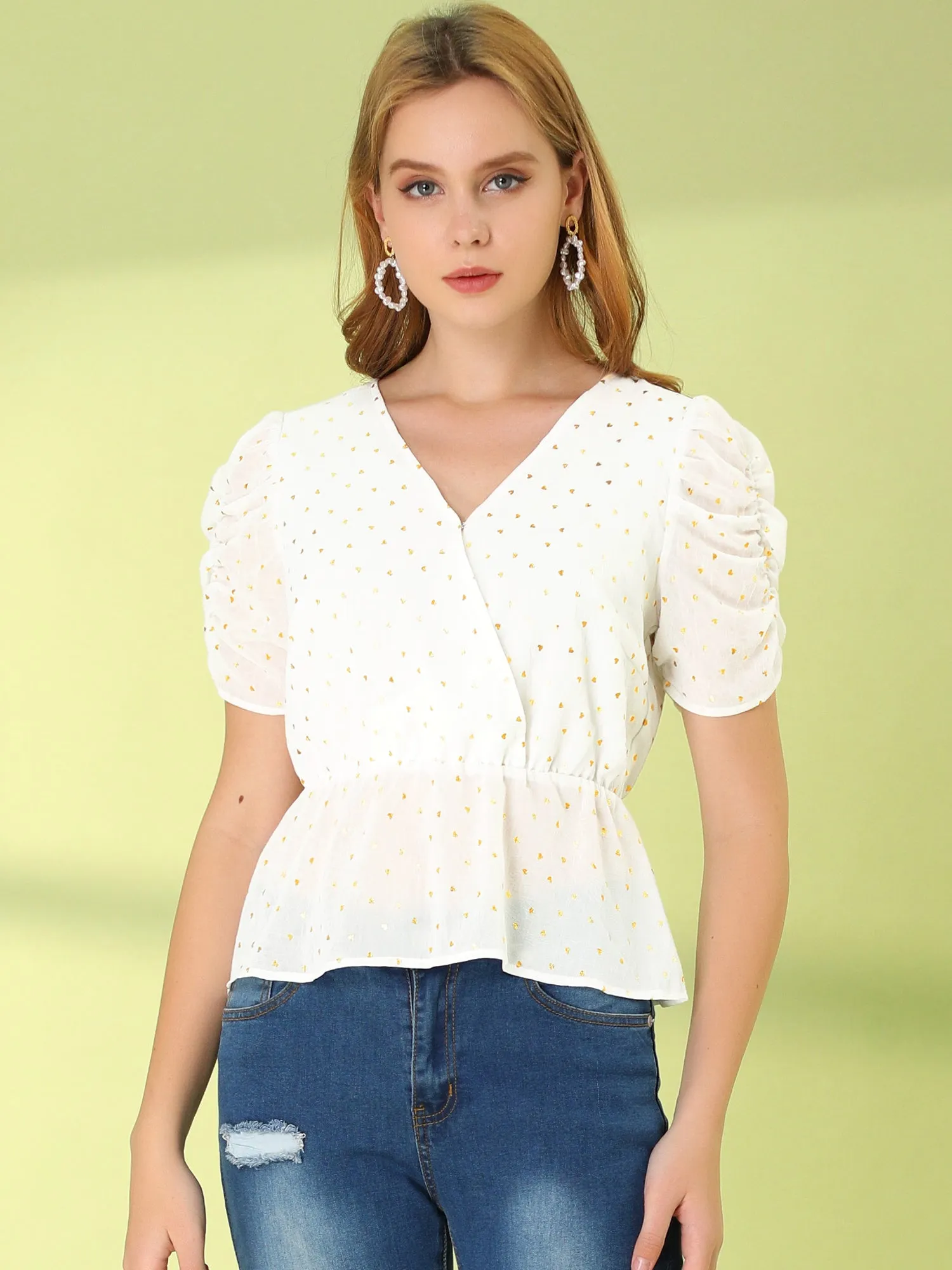 Metallic Heart Ruched Puff Sleeve Wrap Chiffon Peplum Blouse Top sold by Allegra K