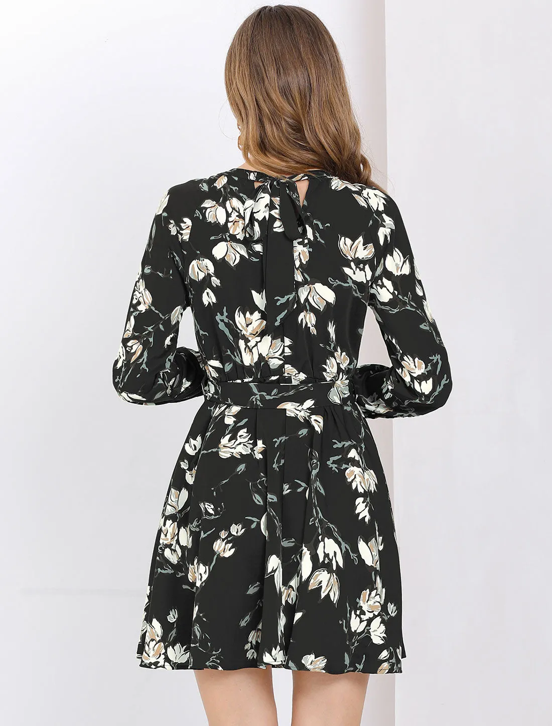Floral Keyhole Chiffon Long Sleeve Belted Spring A-Line Mini Dress sold by Allegra K product image thumbnail 5