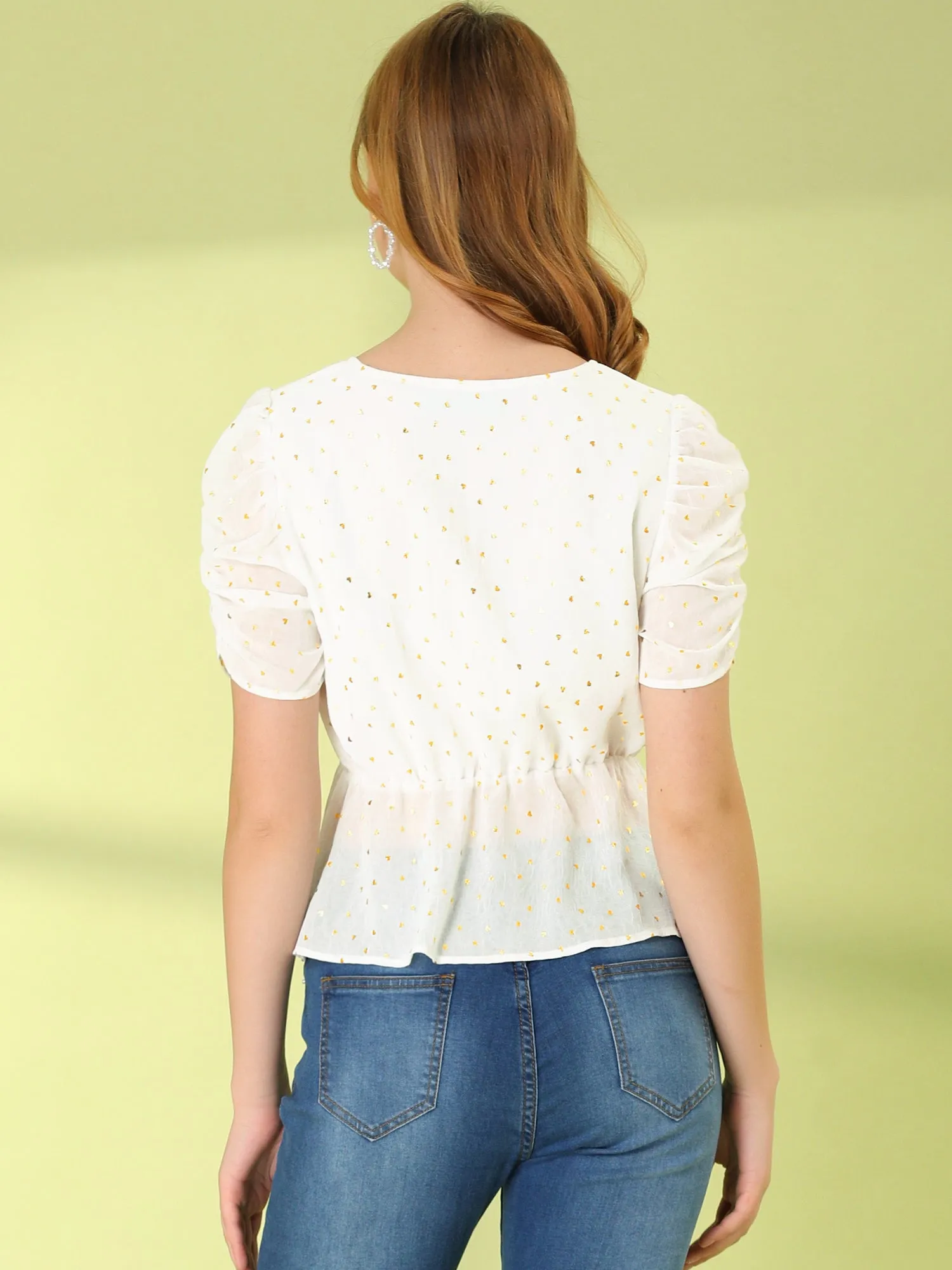 Metallic Heart Ruched Puff Sleeve Wrap Chiffon Peplum Blouse Top sold by Allegra K product image thumbnail 4