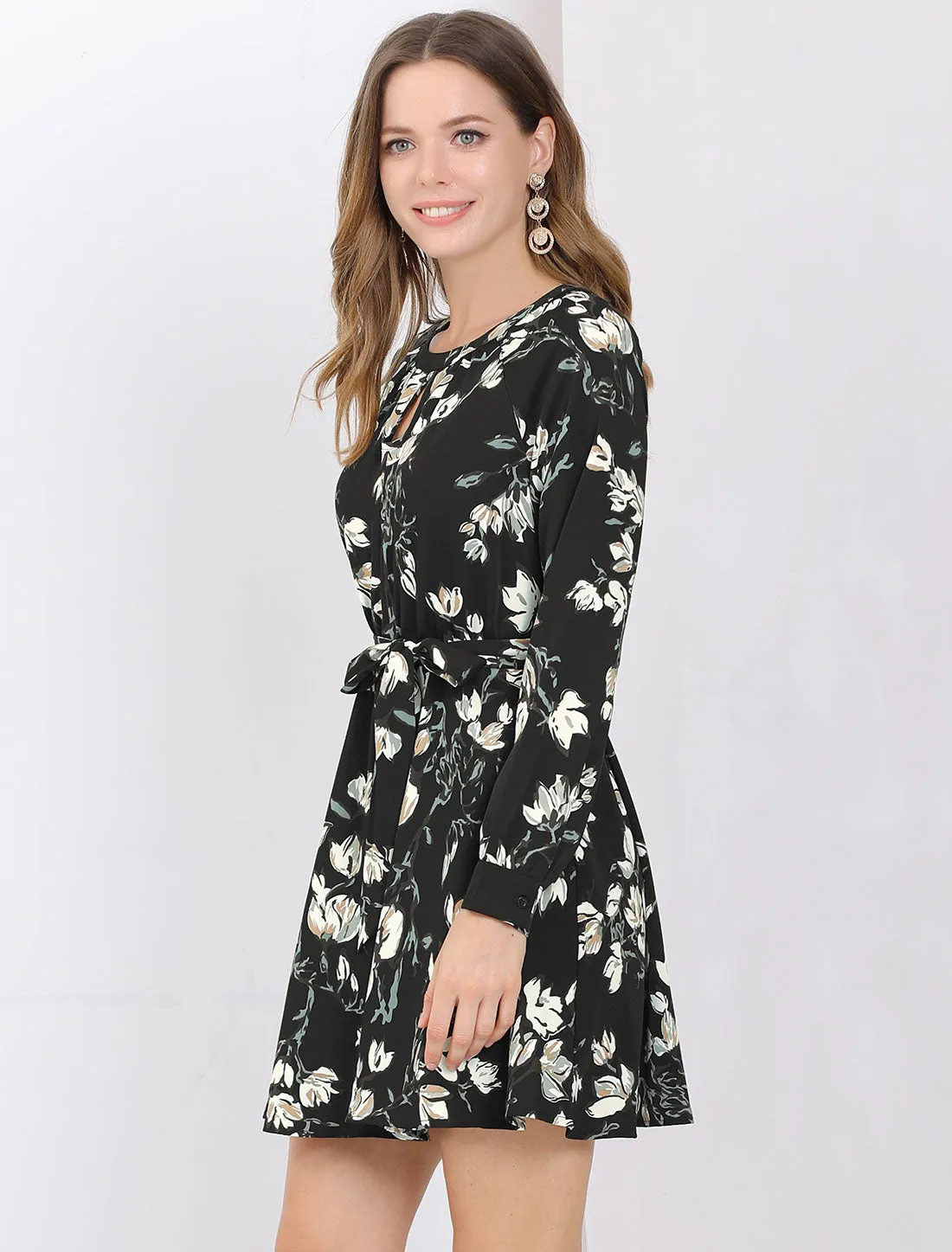 Floral Keyhole Chiffon Long Sleeve Belted Spring A-Line Mini Dress sold by Allegra K product image thumbnail 4