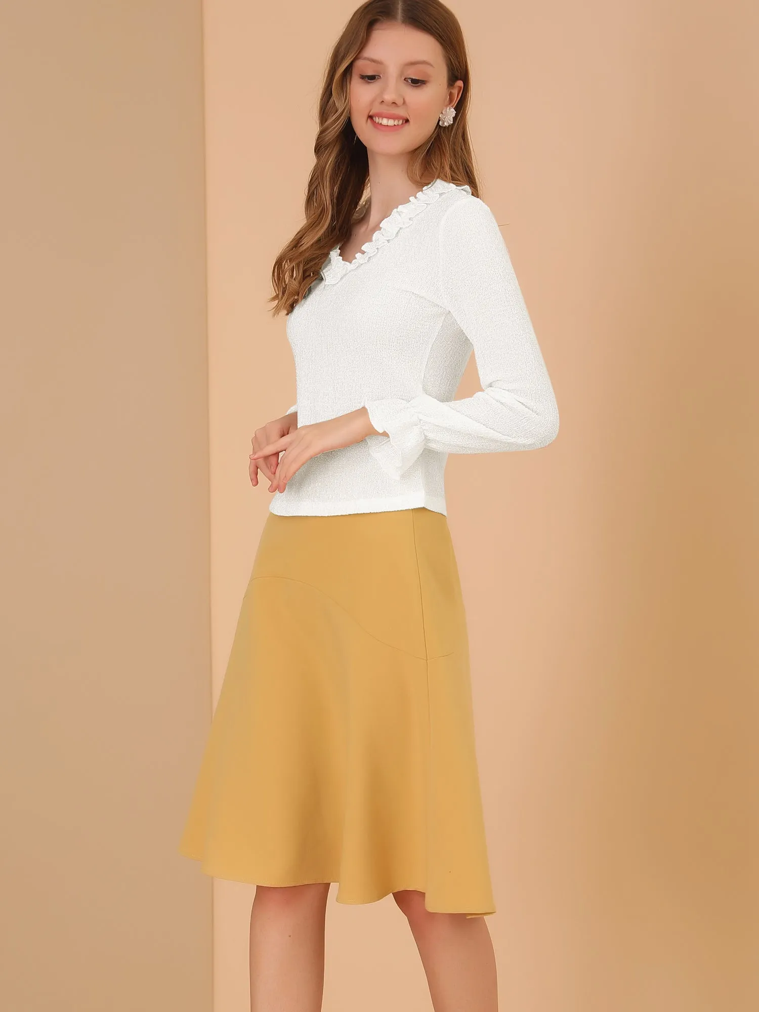 Knit Long Sleeve Ruffle Neck Blouse Tops sold by Allegra K product image thumbnail 4