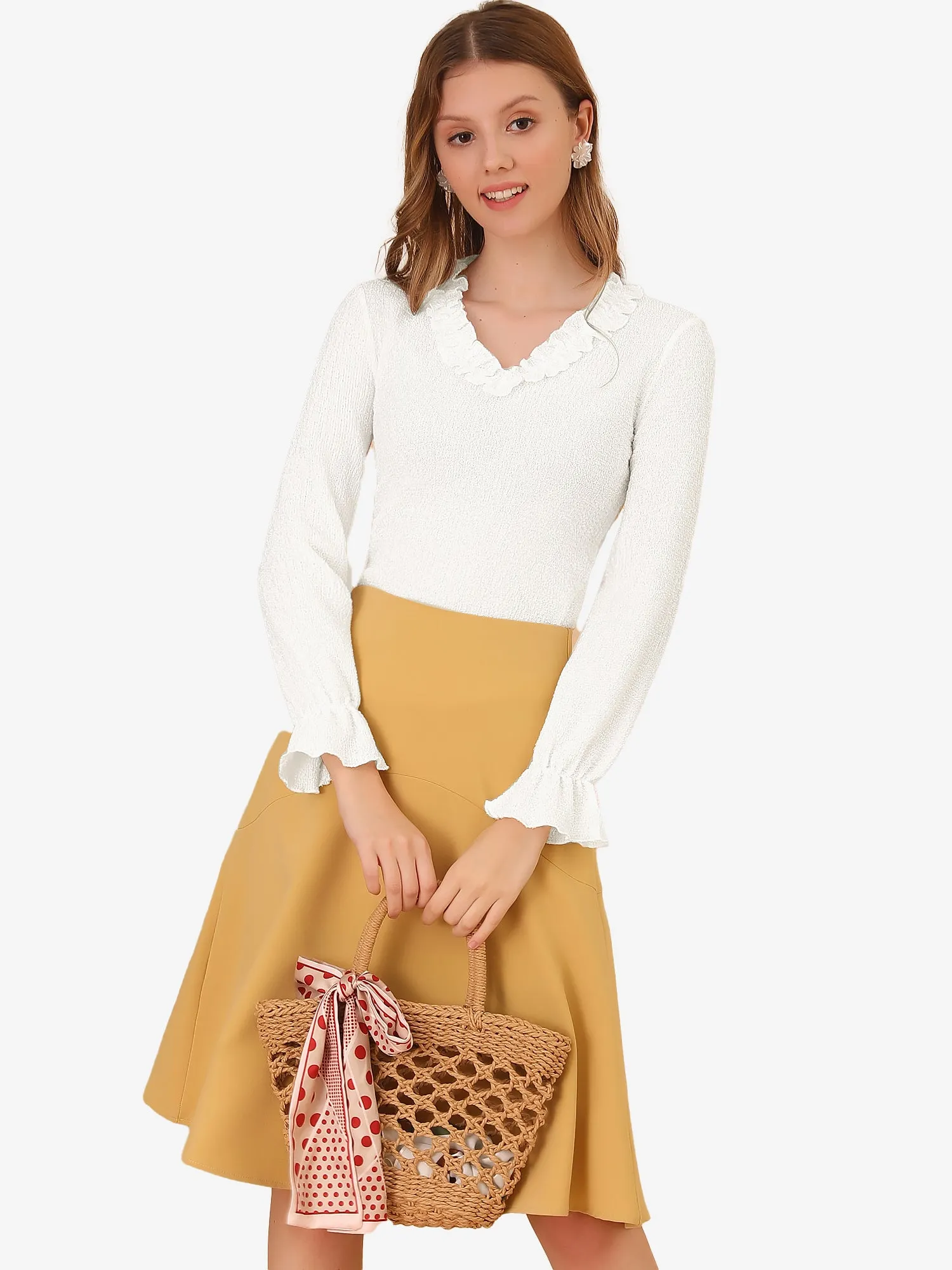 Knit Long Sleeve Ruffle Neck Blouse Tops sold by Allegra K