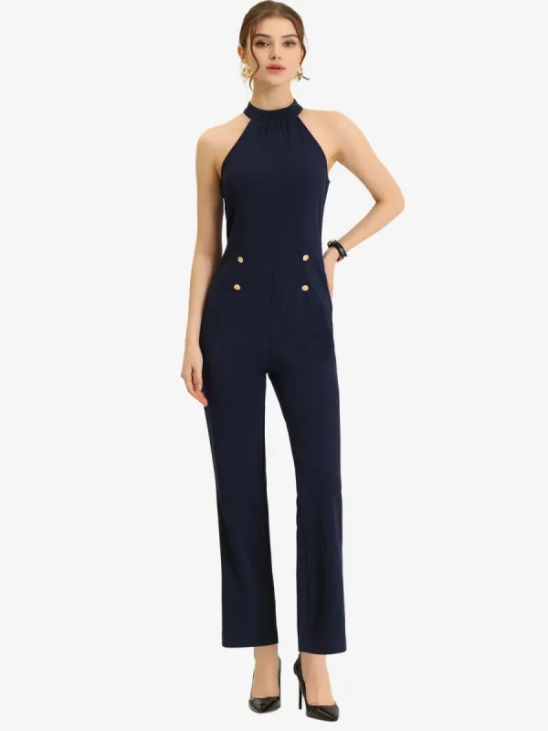 Halter Neck Sleeveless High Waist Wide Leg Work Jumpsuit sold by Allegra K
