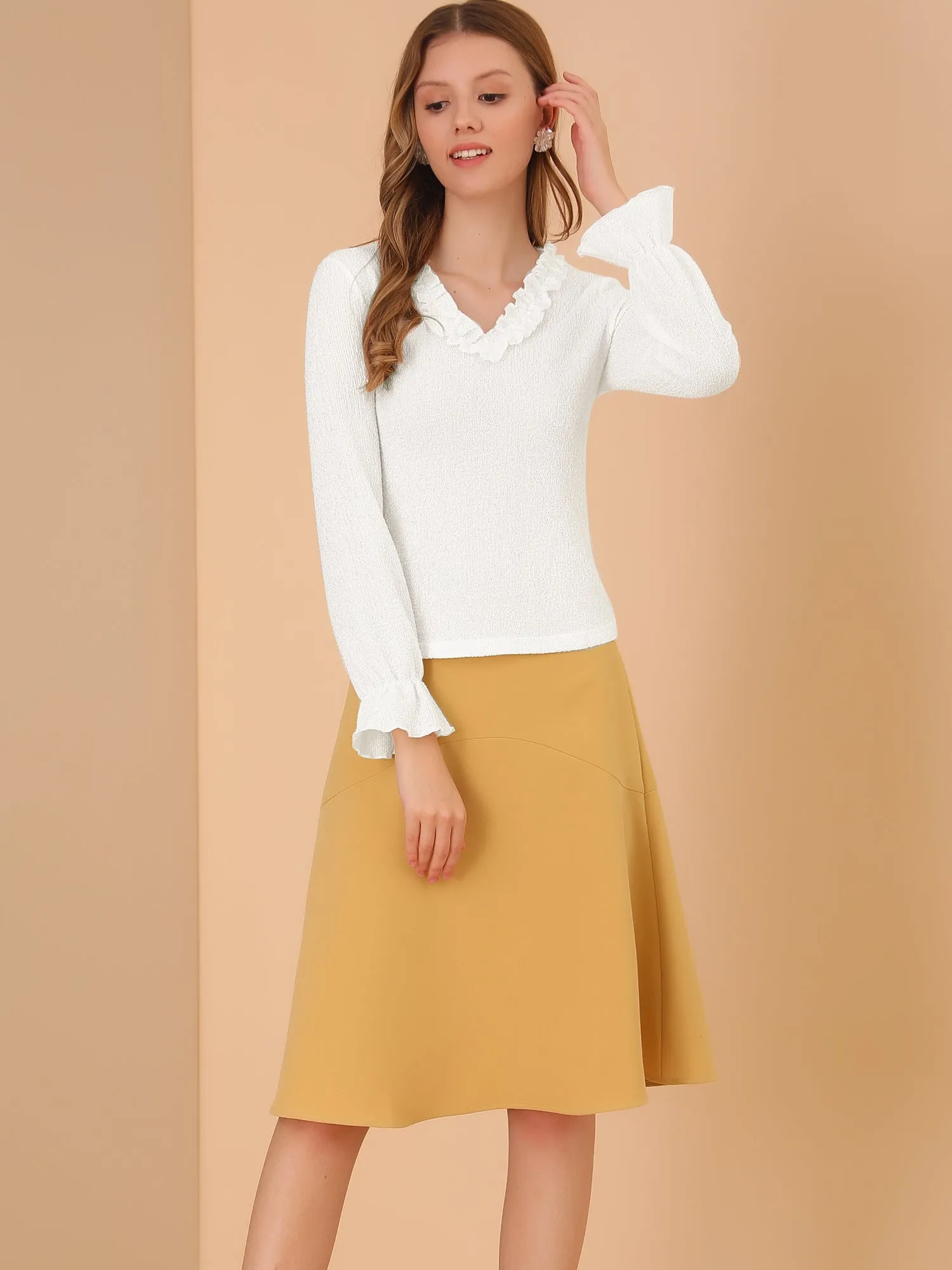 Knit Long Sleeve Ruffle Neck Blouse Tops sold by Allegra K product image thumbnail 3