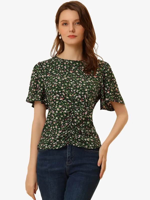 Ditsy Floral Top Ruched Front Keyhole Back Flutter Sleeve Blouse sold by Allegra K