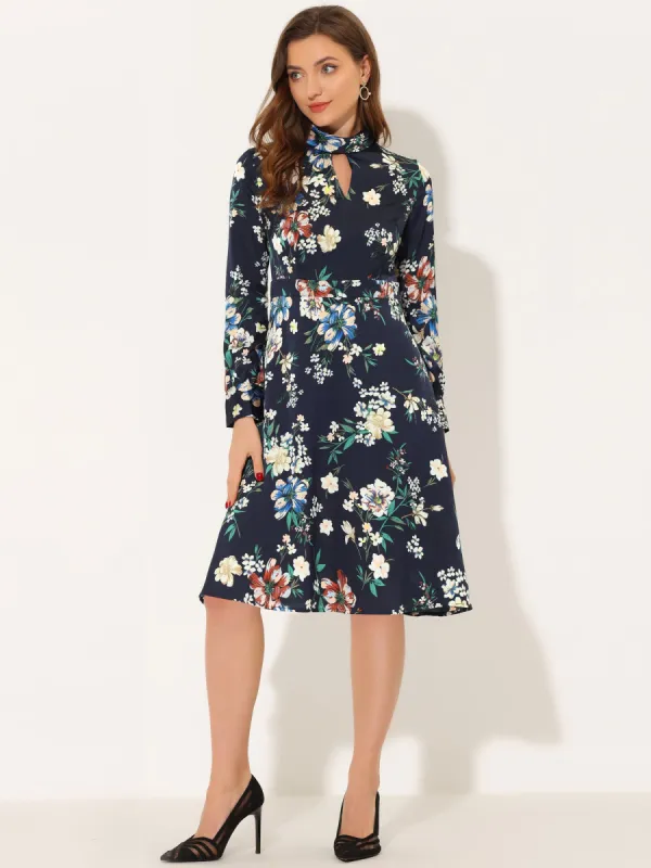 Mock Neck Long Sleeve Floral Print Satin Midi Dress sold by Allegra K