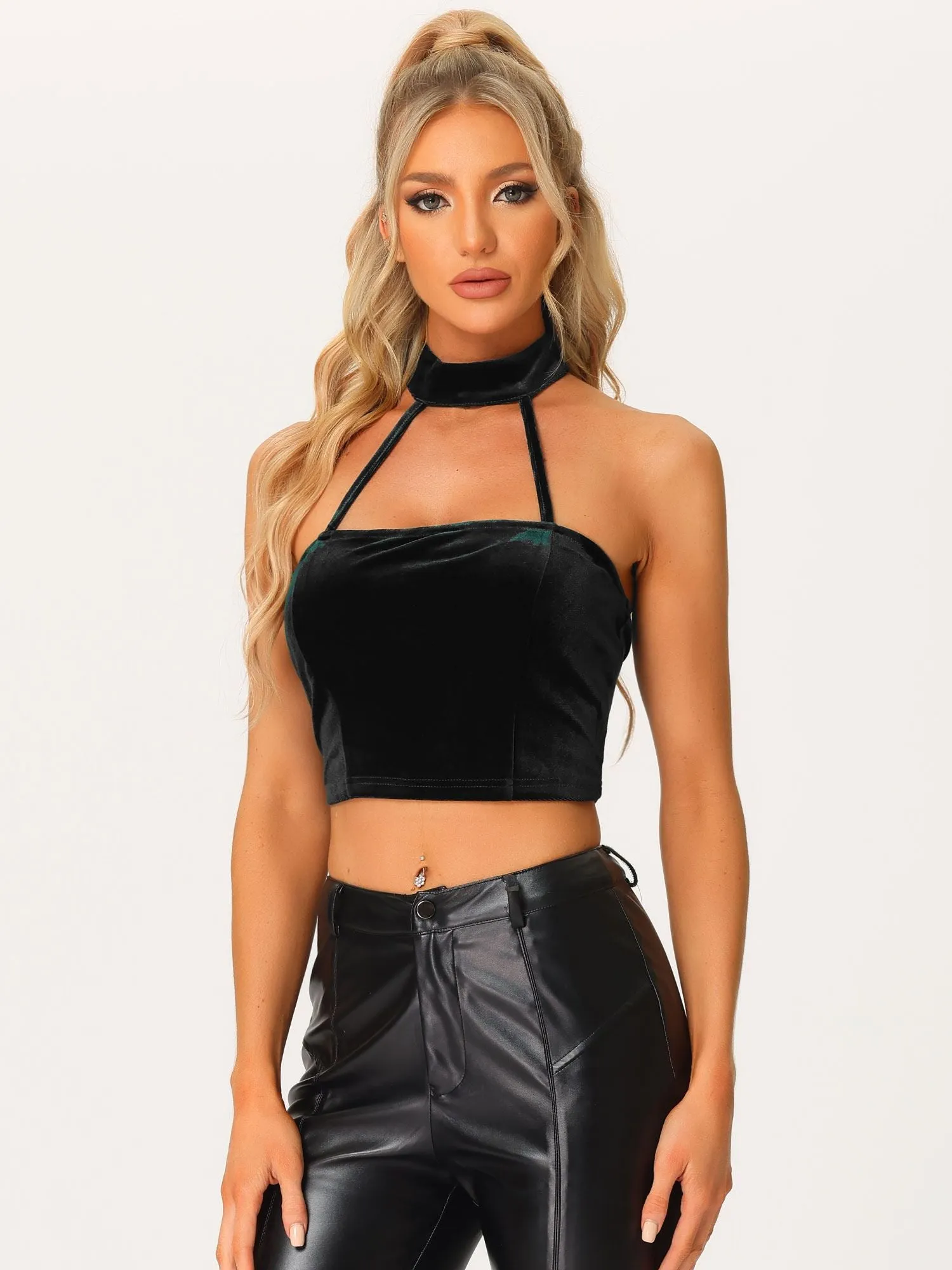 Velvet Halter Backless Camis Party Sleeveless Punk Crop Tops sold by Allegra K