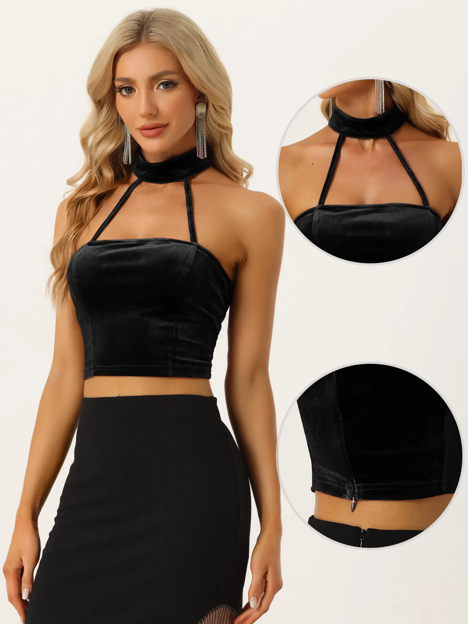 Velvet Halter Backless Camis Party Sleeveless Punk Crop Tops sold by Allegra K product image thumbnail 2