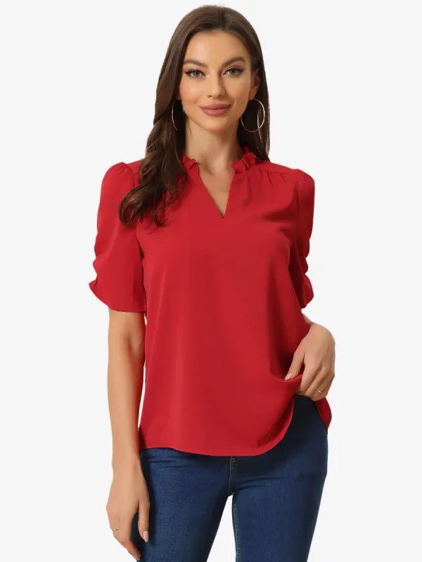 Casual Blouse Ruffled Stand Collar V Neck Short Sleeve Top sold by Allegra K