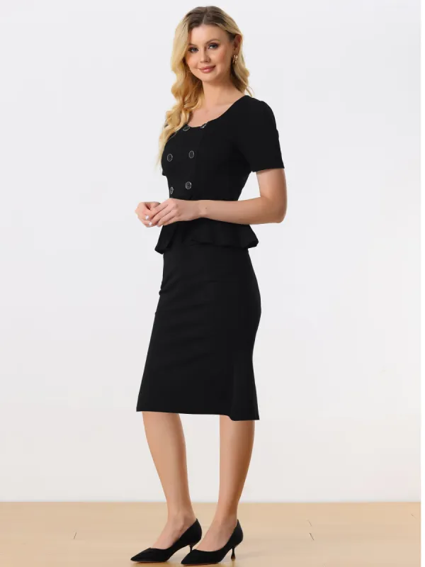 Sheath Round Neck Button Front Business Pencil Peplum Dress sold by Allegra K