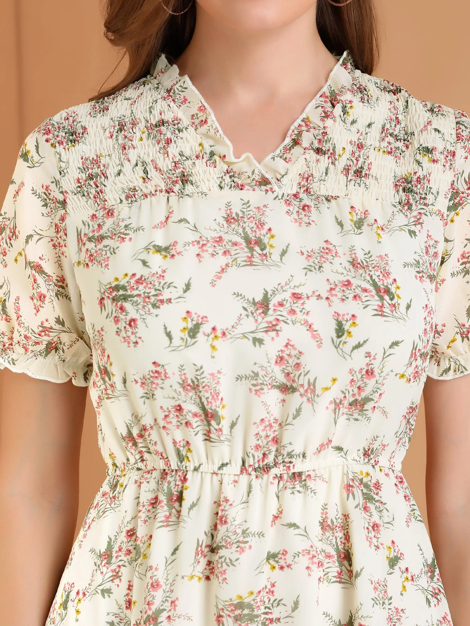 Mini Ruffle Trim Short Sleeve Fit and Flare Shirred Floral Dress sold by Allegra K product image thumbnail 5