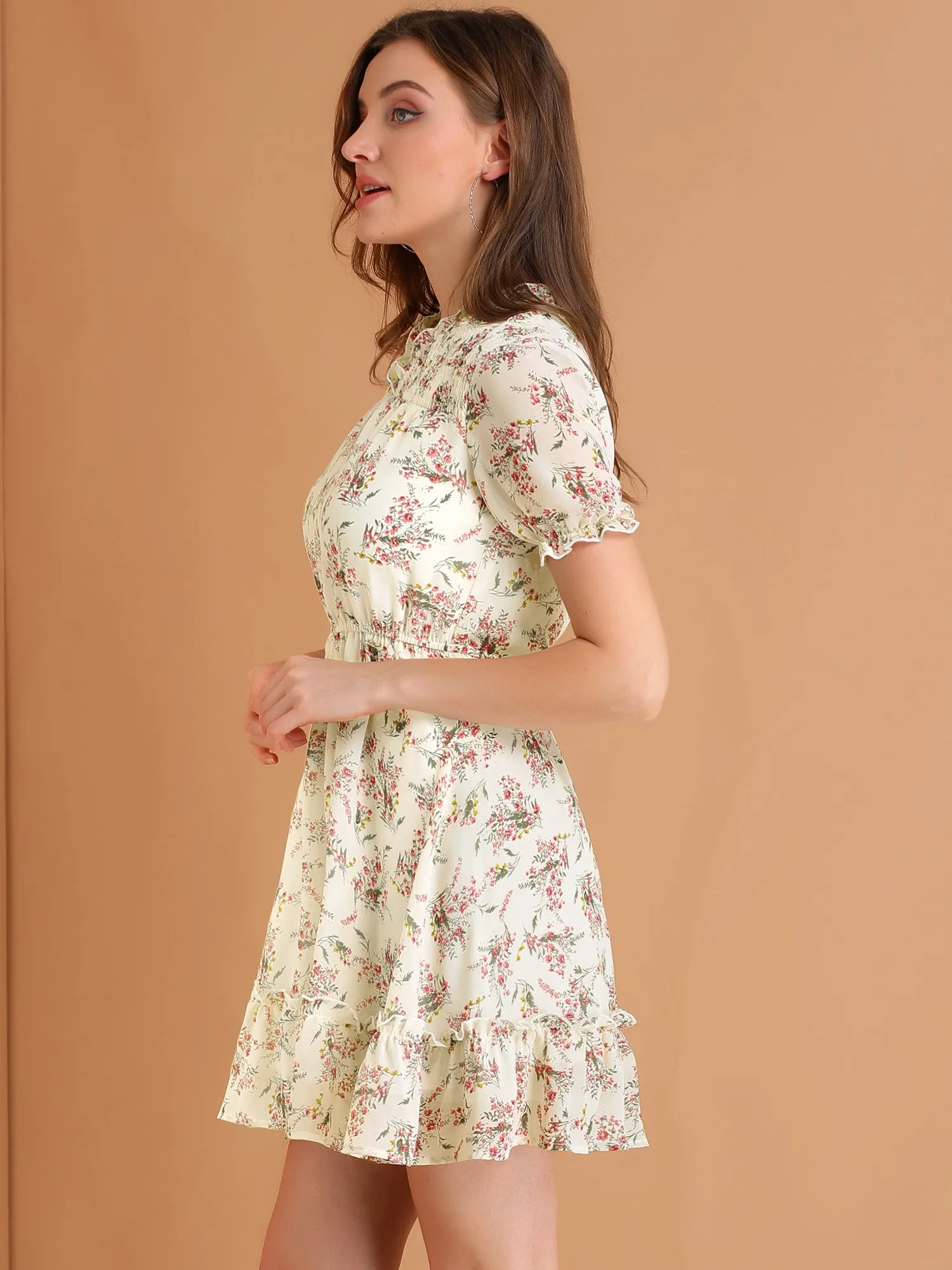 Mini Ruffle Trim Short Sleeve Fit and Flare Shirred Floral Dress sold by Allegra K product image thumbnail 3