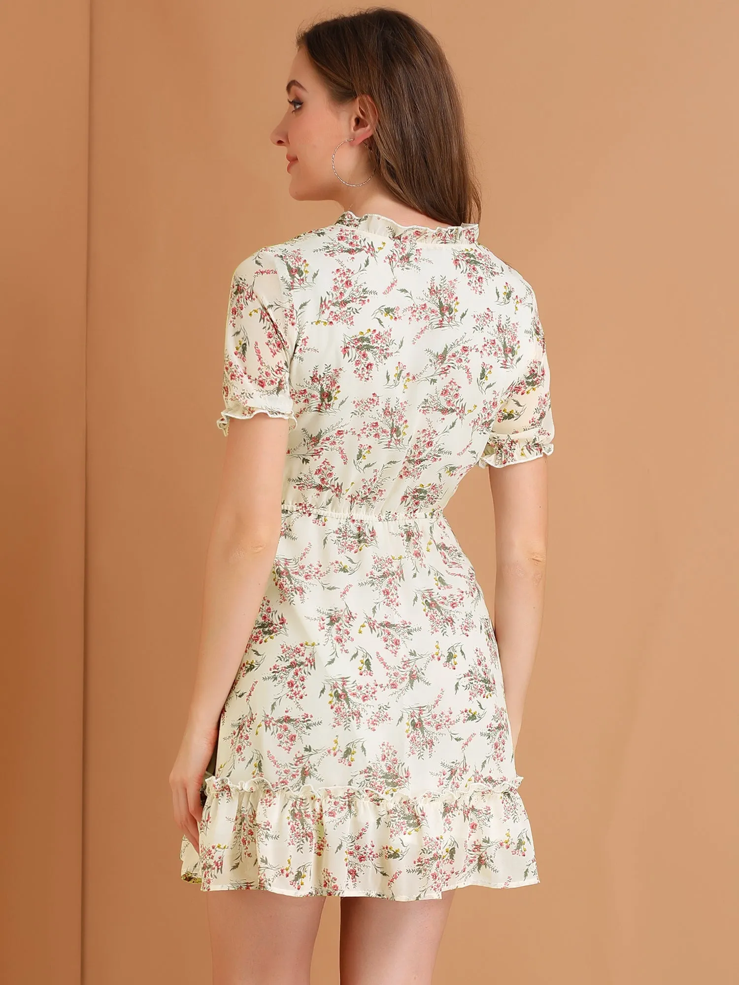 Mini Ruffle Trim Short Sleeve Fit and Flare Shirred Floral Dress sold by Allegra K product image thumbnail 4