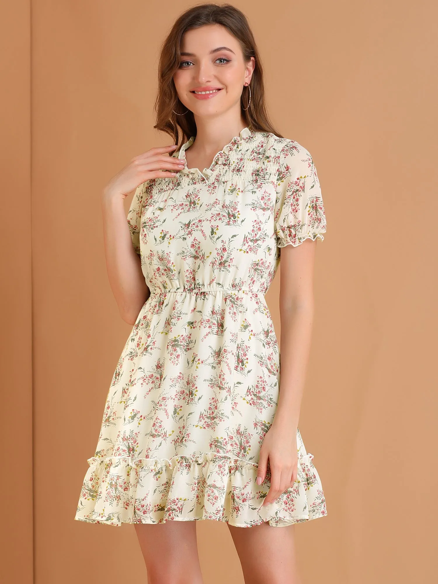 Mini Ruffle Trim Short Sleeve Fit and Flare Shirred Floral Dress sold by Allegra K product image thumbnail 2