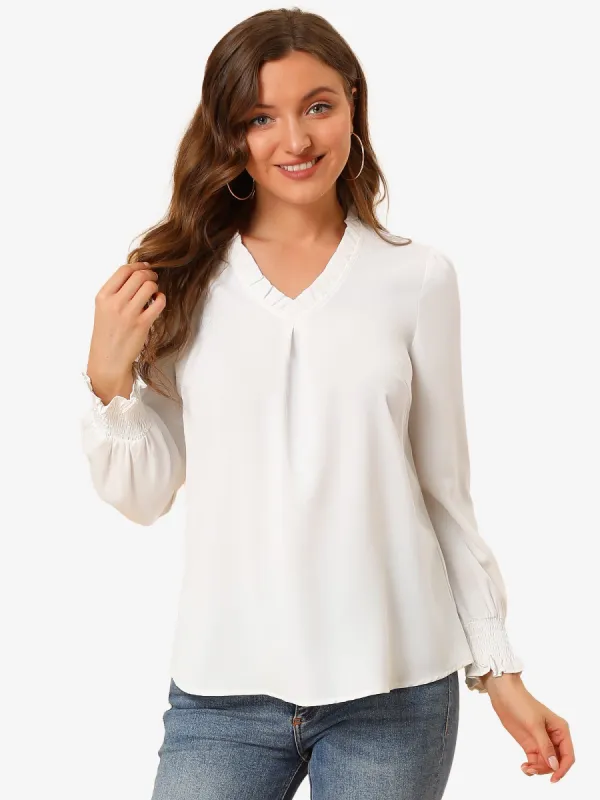 Work Shirt Ruffled V Neck Long Sleeve Workwear Solid Blouse sold by Allegra K