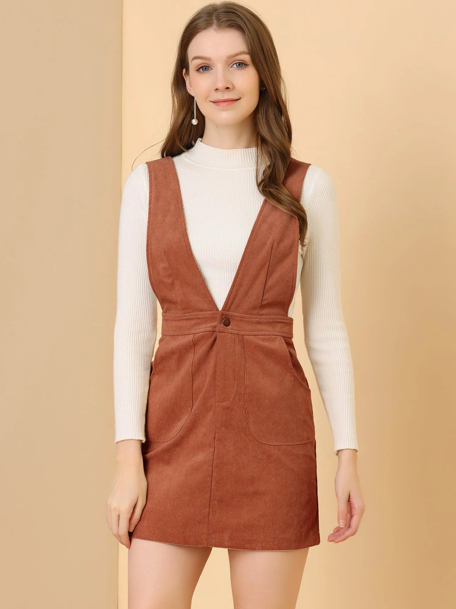 Corduroy Overall V Neck Strap Mini Pinafore Dress sold by Allegra K product image thumbnail 2