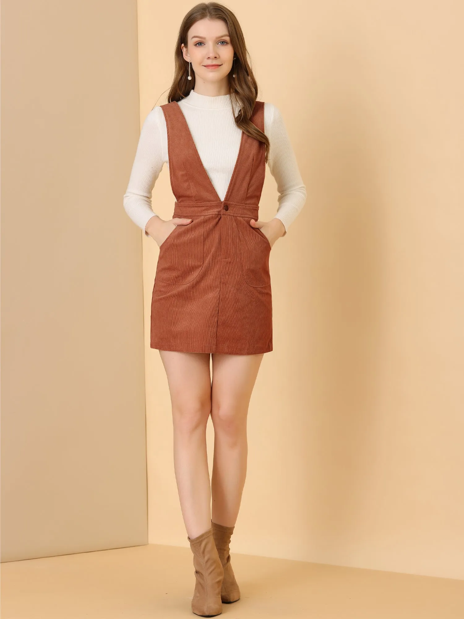 Corduroy Overall V Neck Strap Mini Pinafore Dress sold by Allegra K