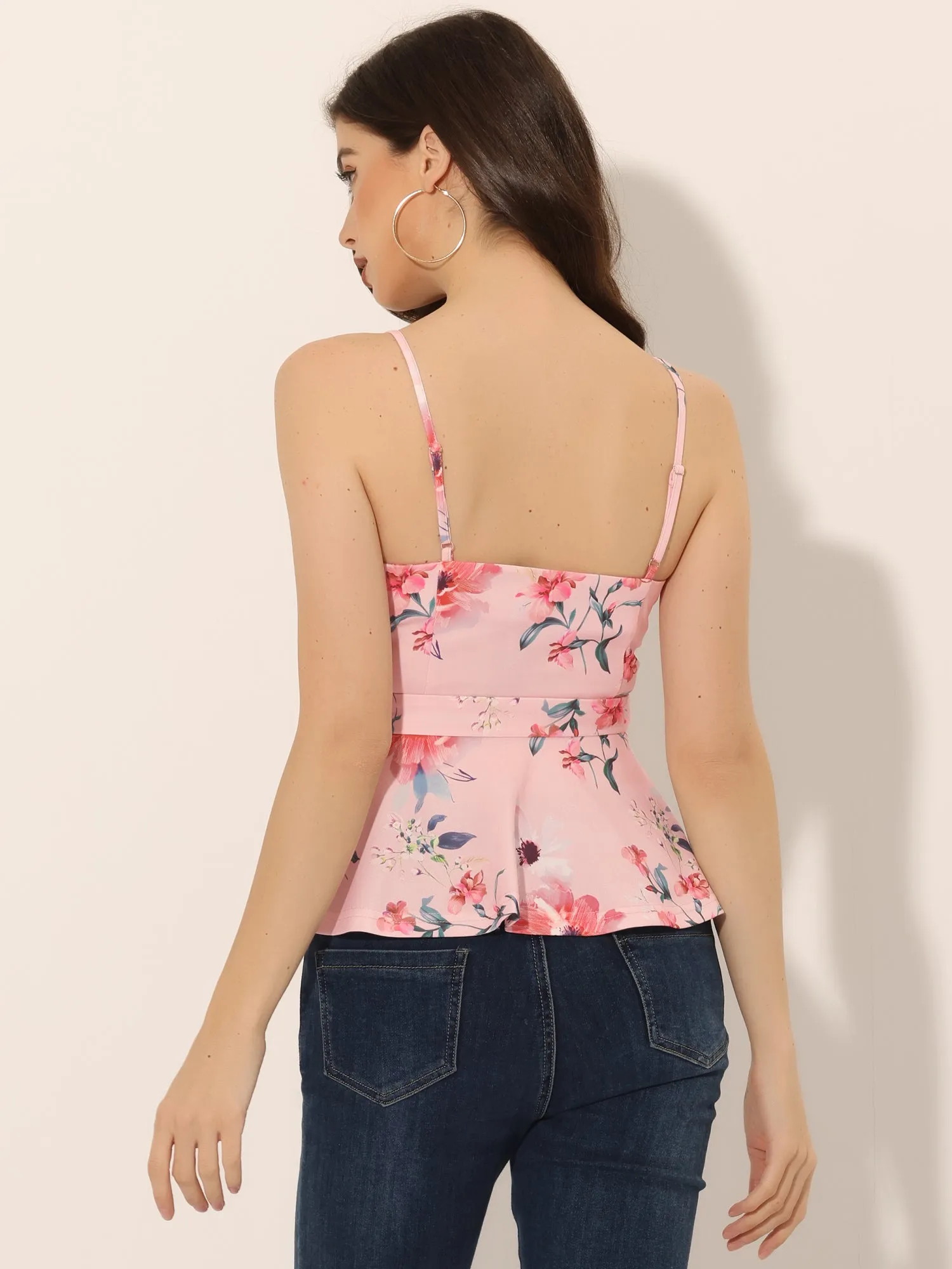 Floral Sleeveless Cami Spaghetti Strap Tie Waist Peplum Blouse sold by Allegra K product image thumbnail 3