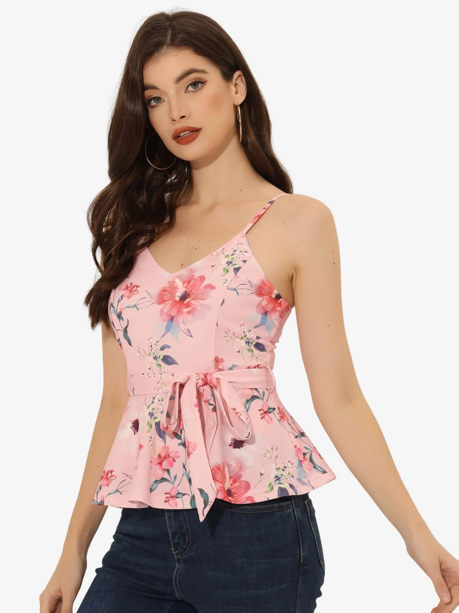Floral Sleeveless Cami Spaghetti Strap Tie Waist Peplum Blouse sold by Allegra K