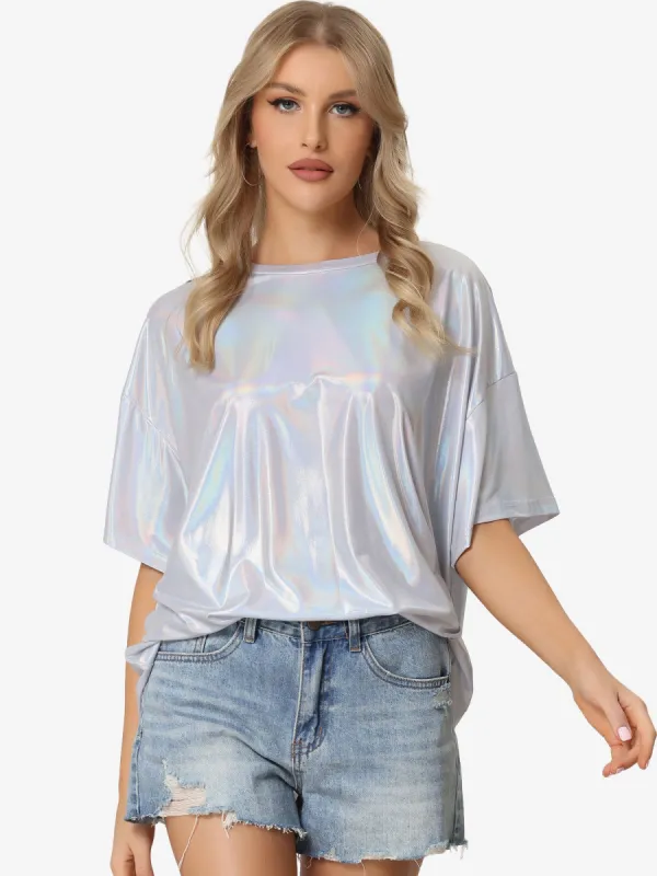 Sparkly Short Sleeve Holographic Party Metallic T-Shirt Top sold by Allegra K
