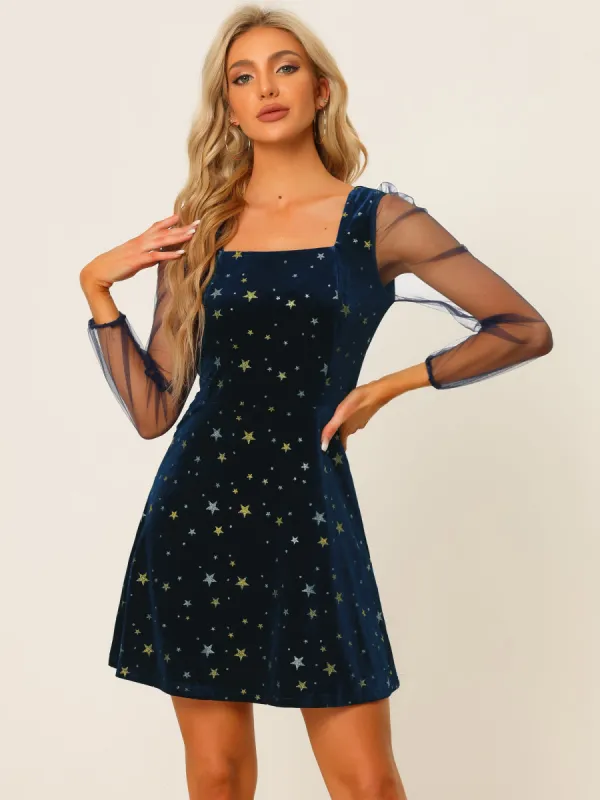 Sheer Puff Sleeve Square Neck Glitter Metallic Star Velvet Mini Dress sold by Allegra K