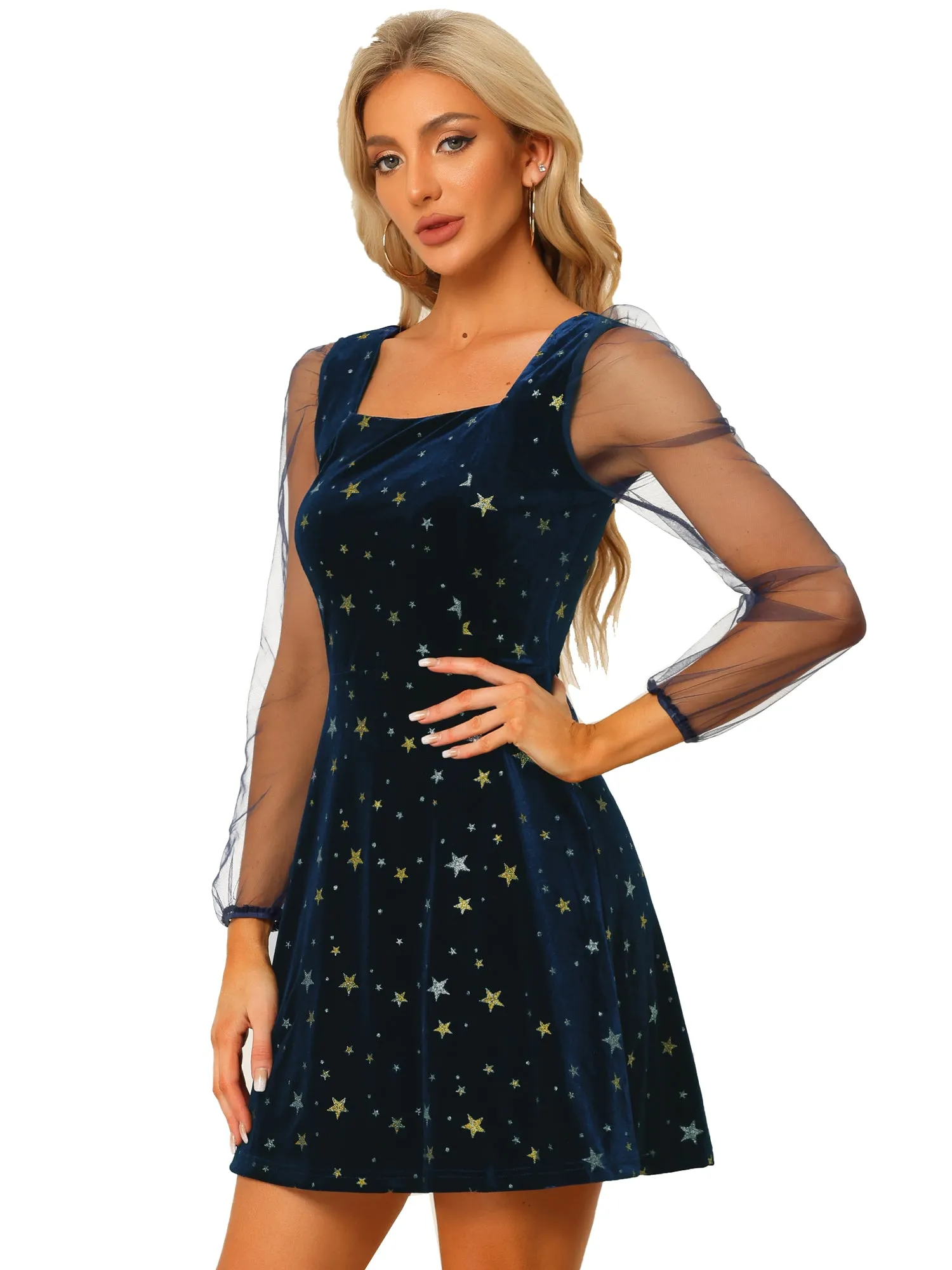 Sheer Puff Sleeve Square Neck Glitter Metallic Star Velvet Mini Dress sold by Allegra K product image thumbnail 4