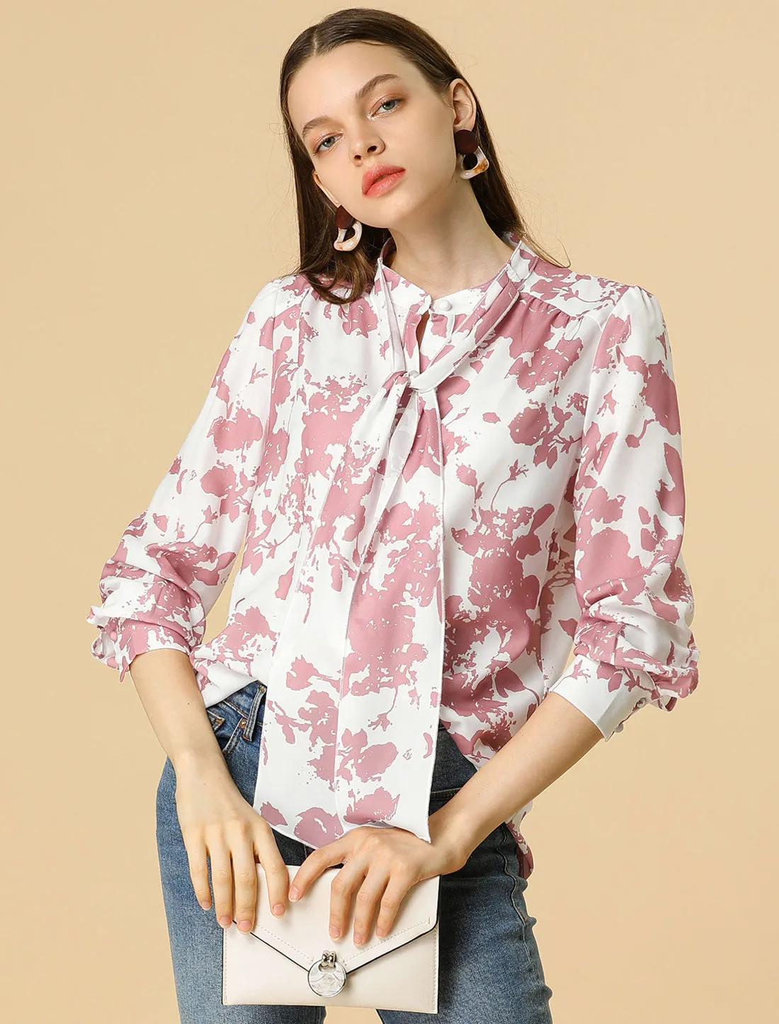 Bow Tie Long Sleeve Contrast Color Vintage Floral Blouse sold by Allegra K product image thumbnail 2
