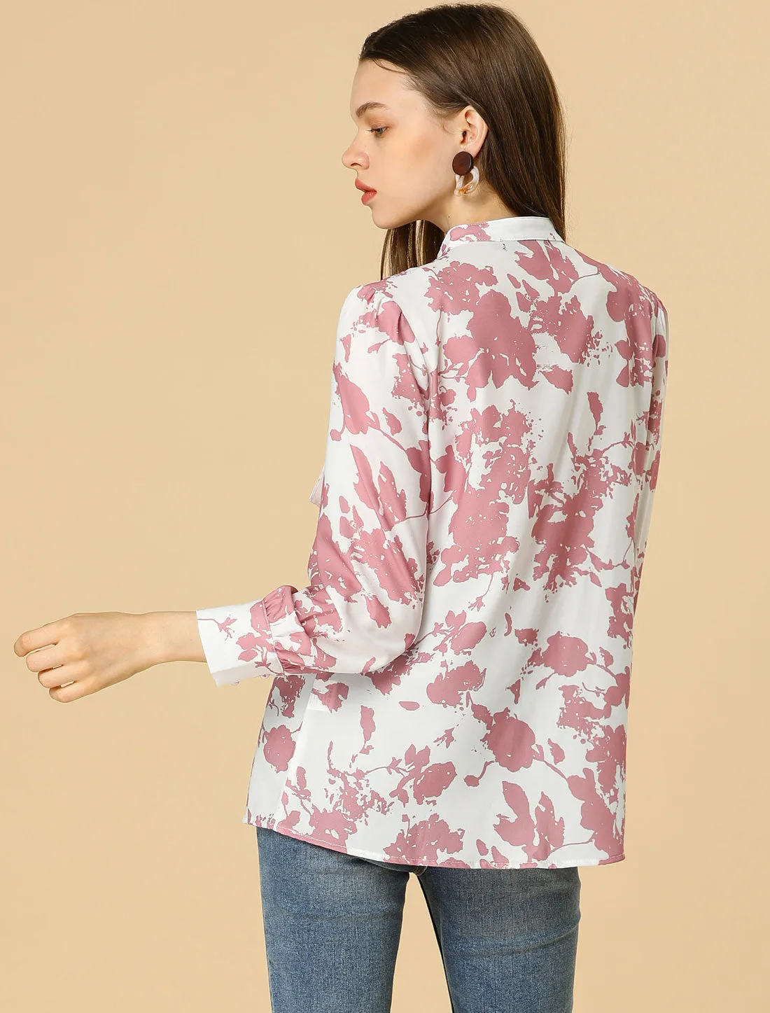 Bow Tie Long Sleeve Contrast Color Vintage Floral Blouse sold by Allegra K product image thumbnail 5