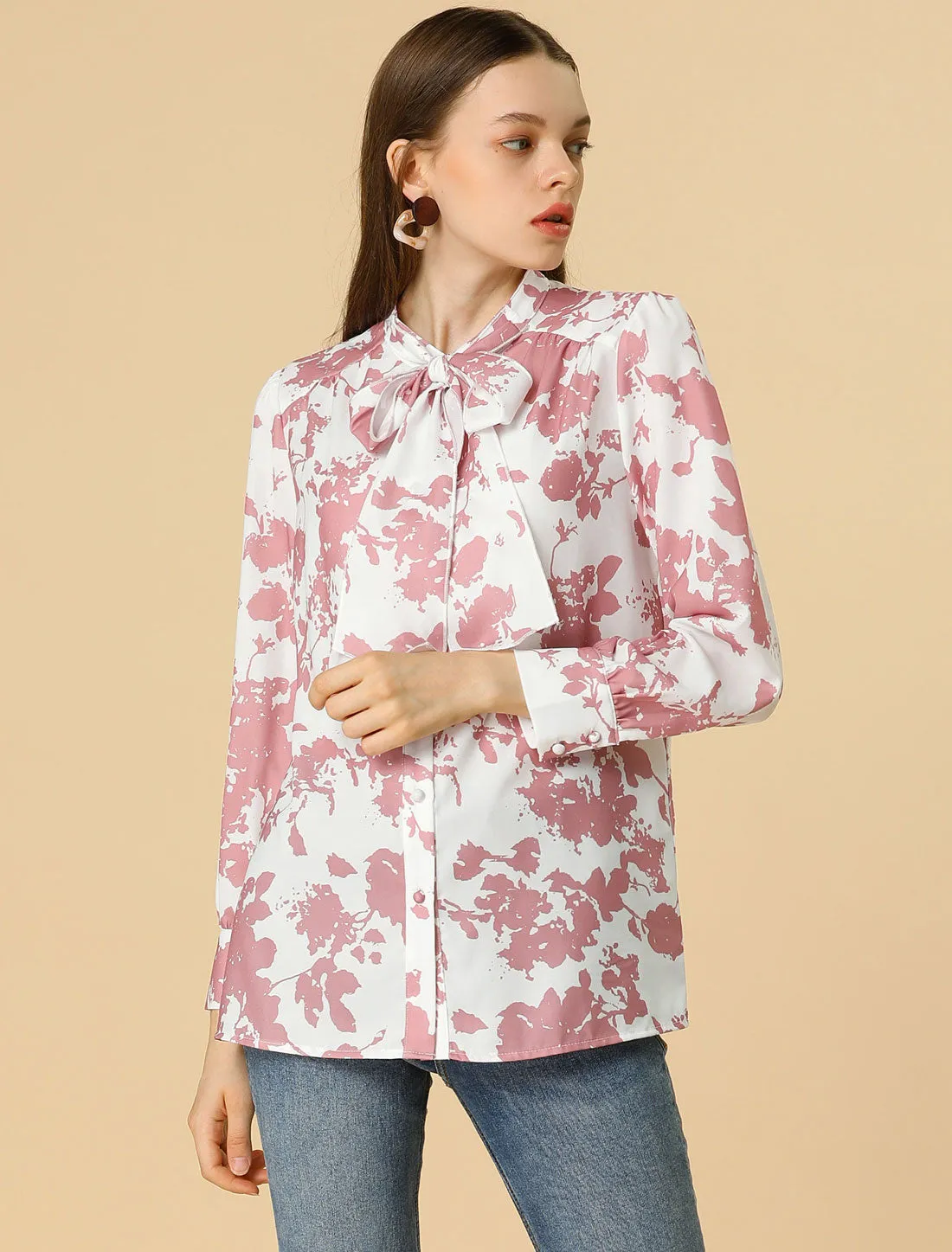 Bow Tie Long Sleeve Contrast Color Vintage Floral Blouse sold by Allegra K product image thumbnail 4